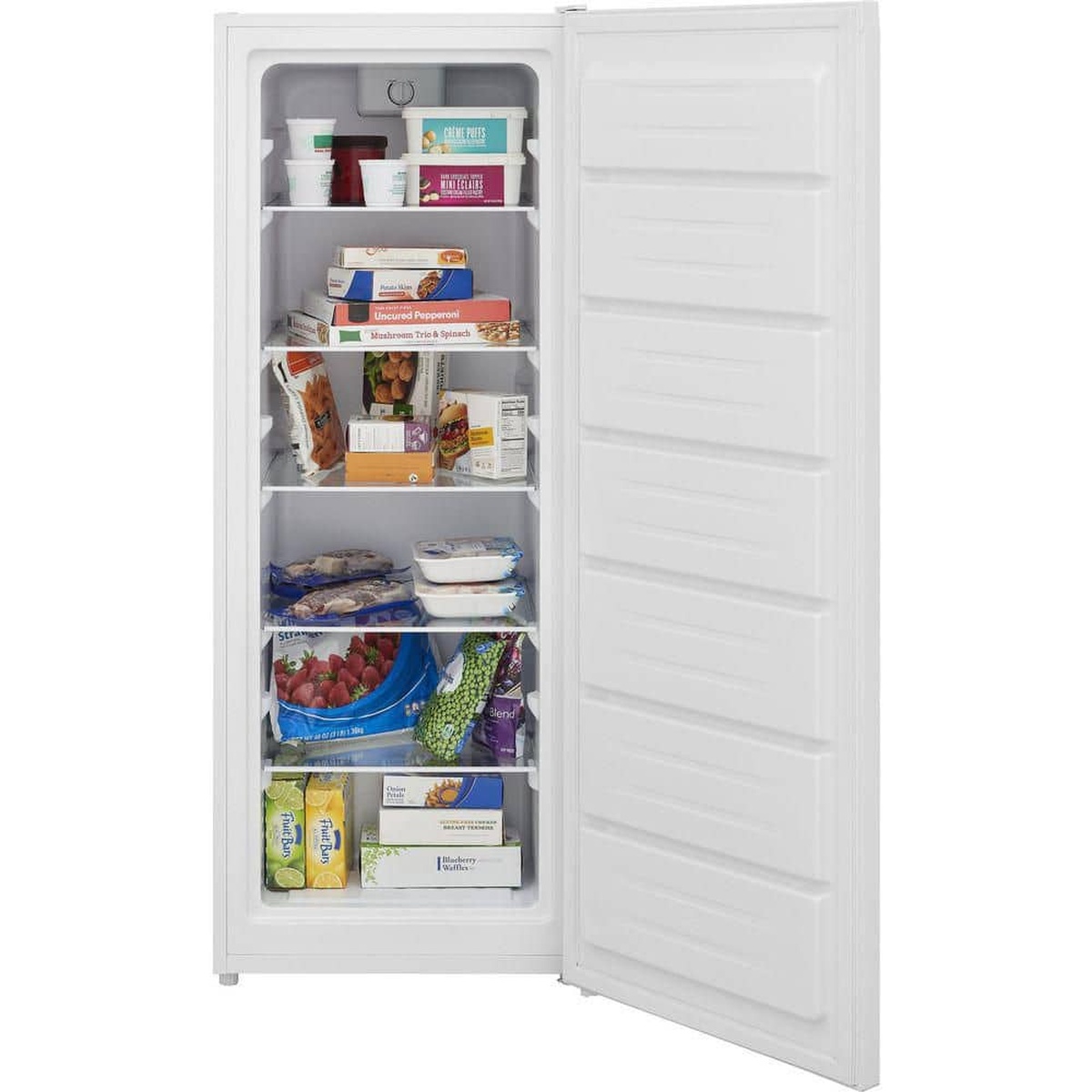 Open white Frigidaire upright freezer showing loaded interior shelves, door liner, and temperature dial at the top