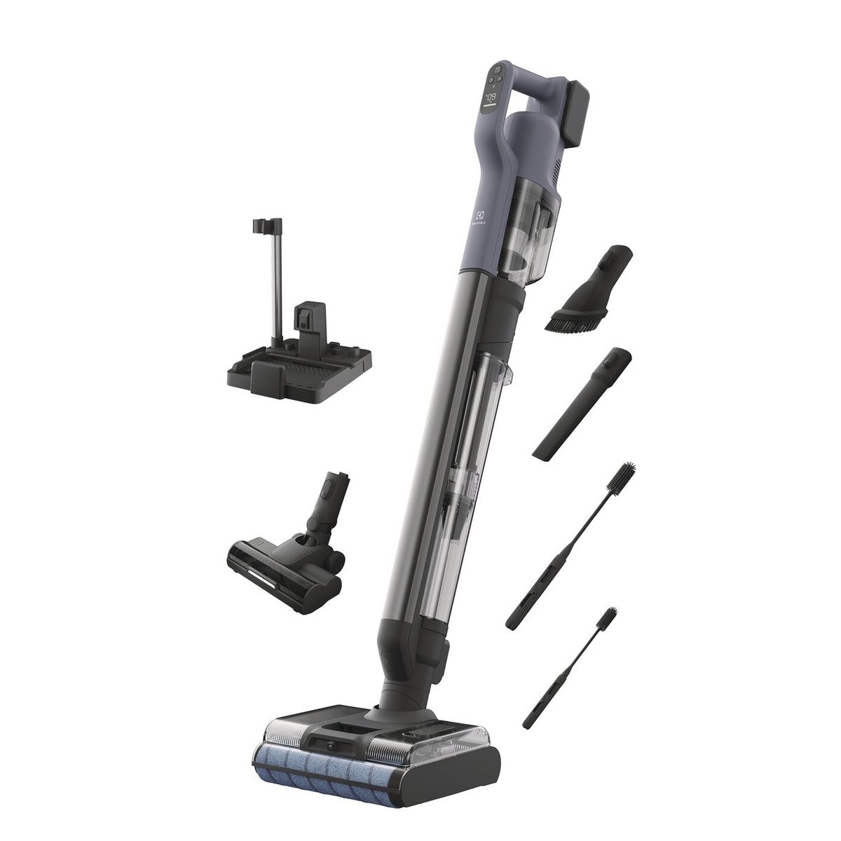 Electrolux 2-in-1 wet and dry vacuum shown with charging stand and multiple included cleaning tools