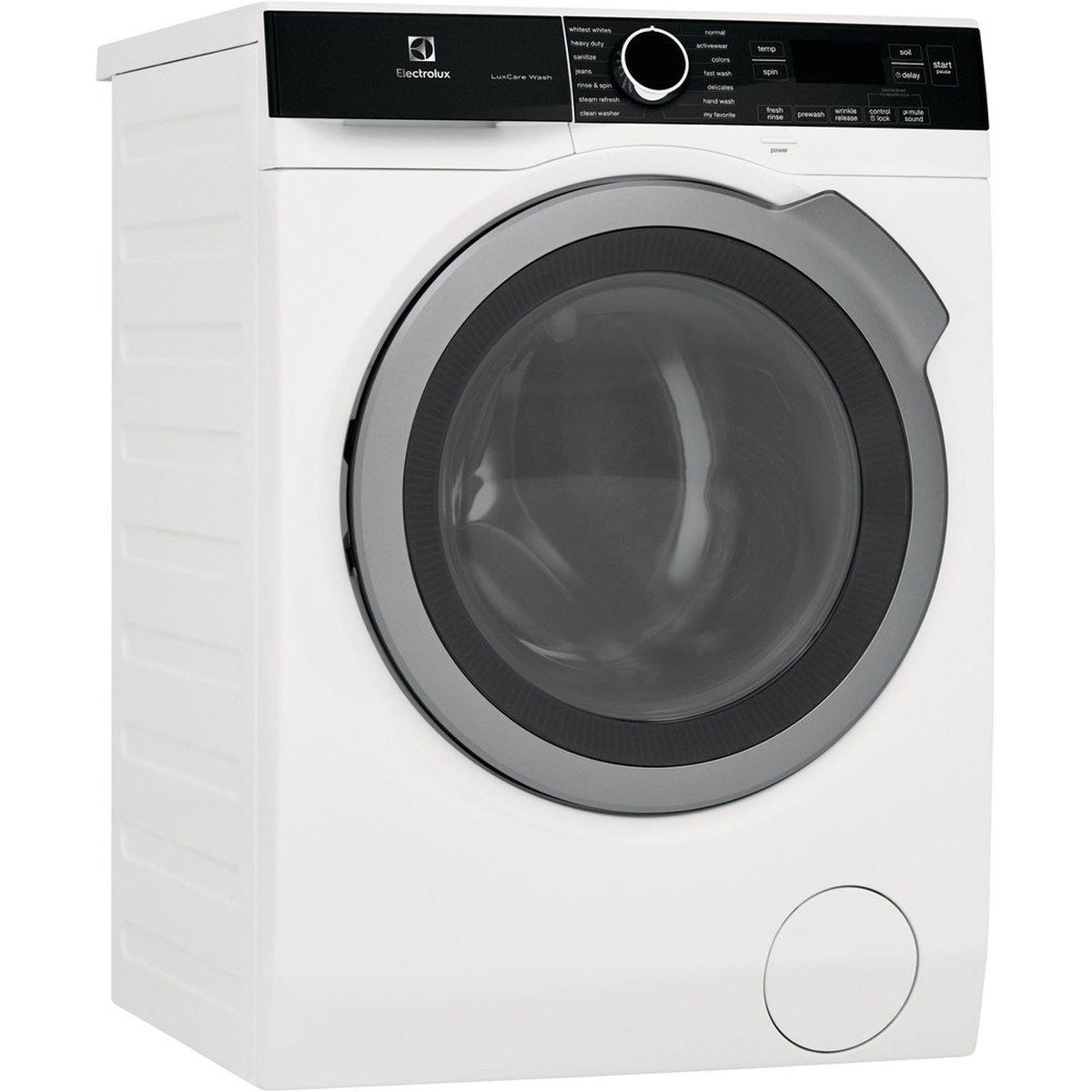 Angled front view of the white Electrolux compact front load washer with a large round door and black control panel