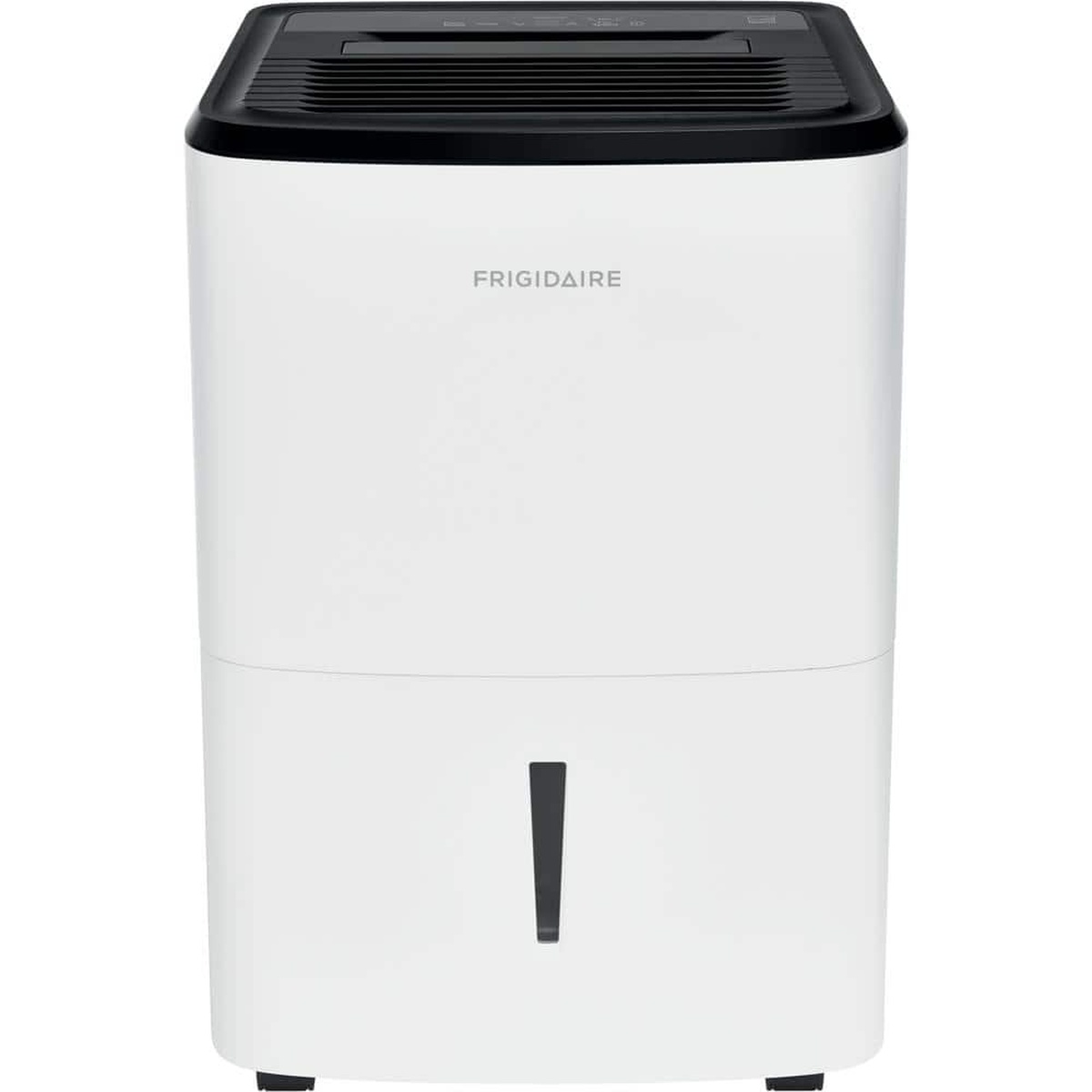Front view of the white Frigidaire dehumidifier with black top grille and centered Frigidaire logo