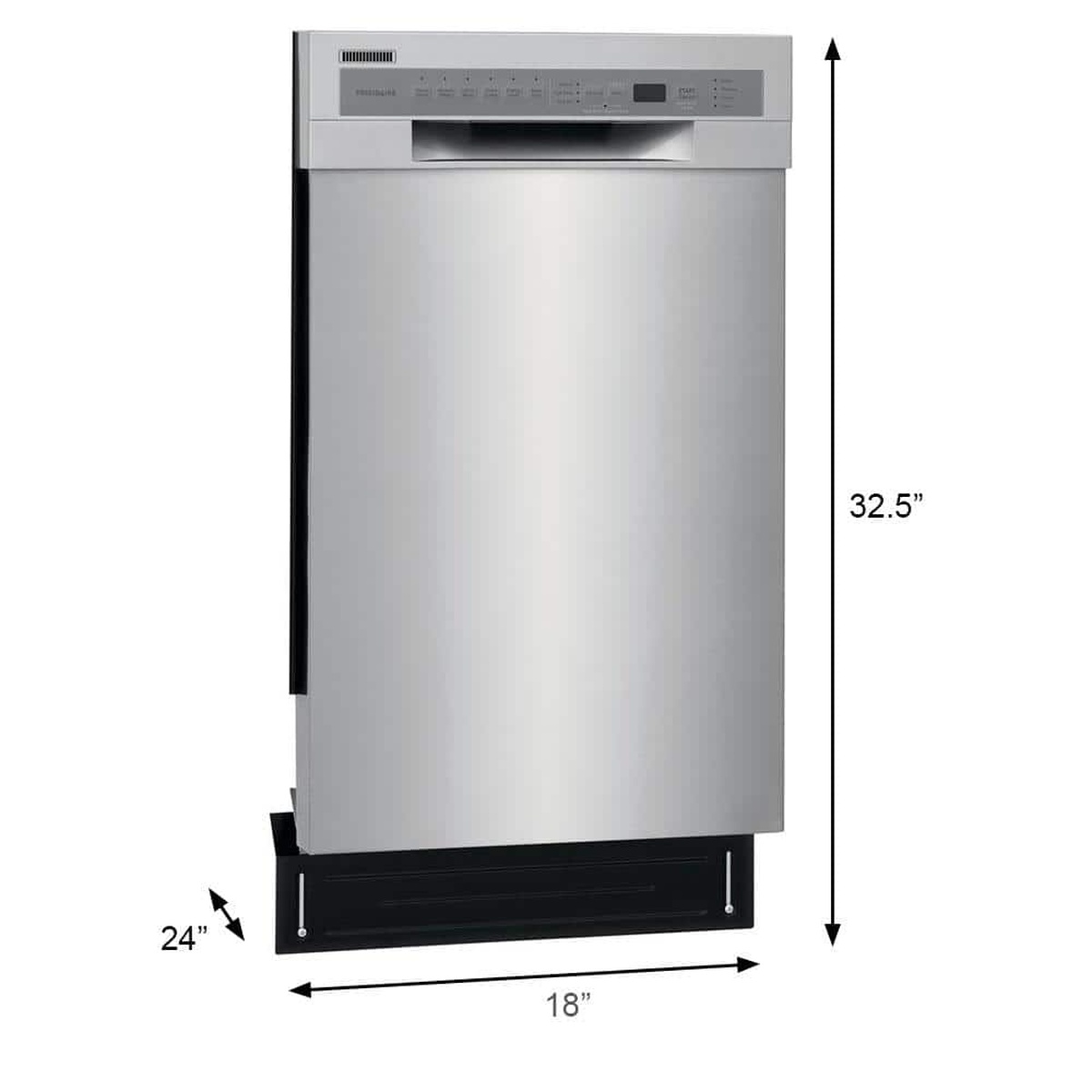 Front view of the Frigidaire 18 inch built-in dishwasher with dimension arrows showing 18 inch width, 24 inch depth, and 32.5 inch height