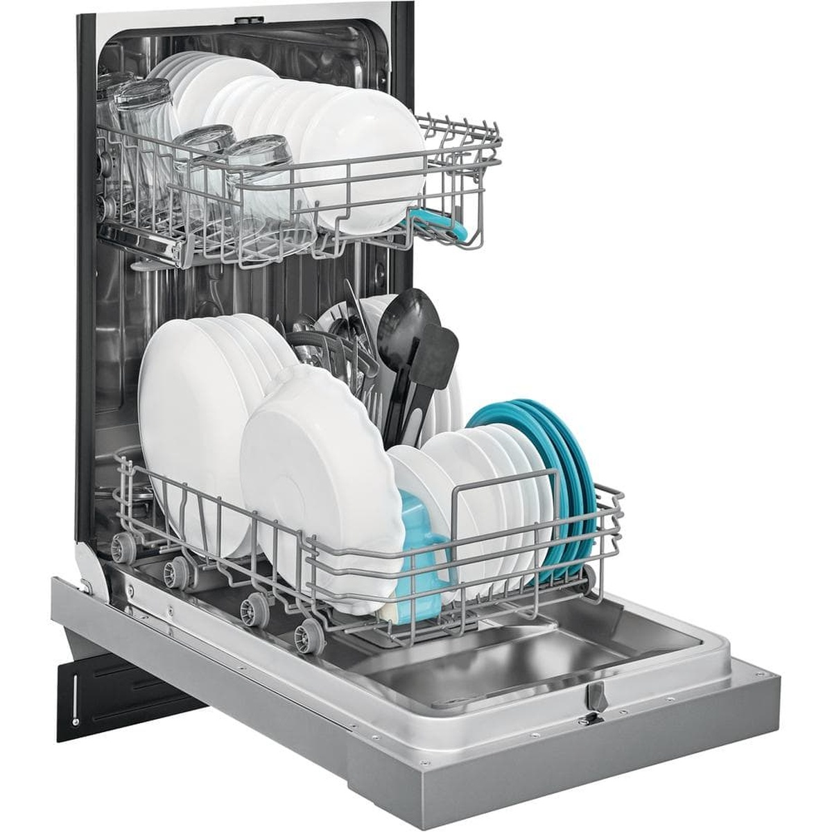 Open dishwasher loaded with plates, glasses, bowls, and utensils across the upper and lower racks