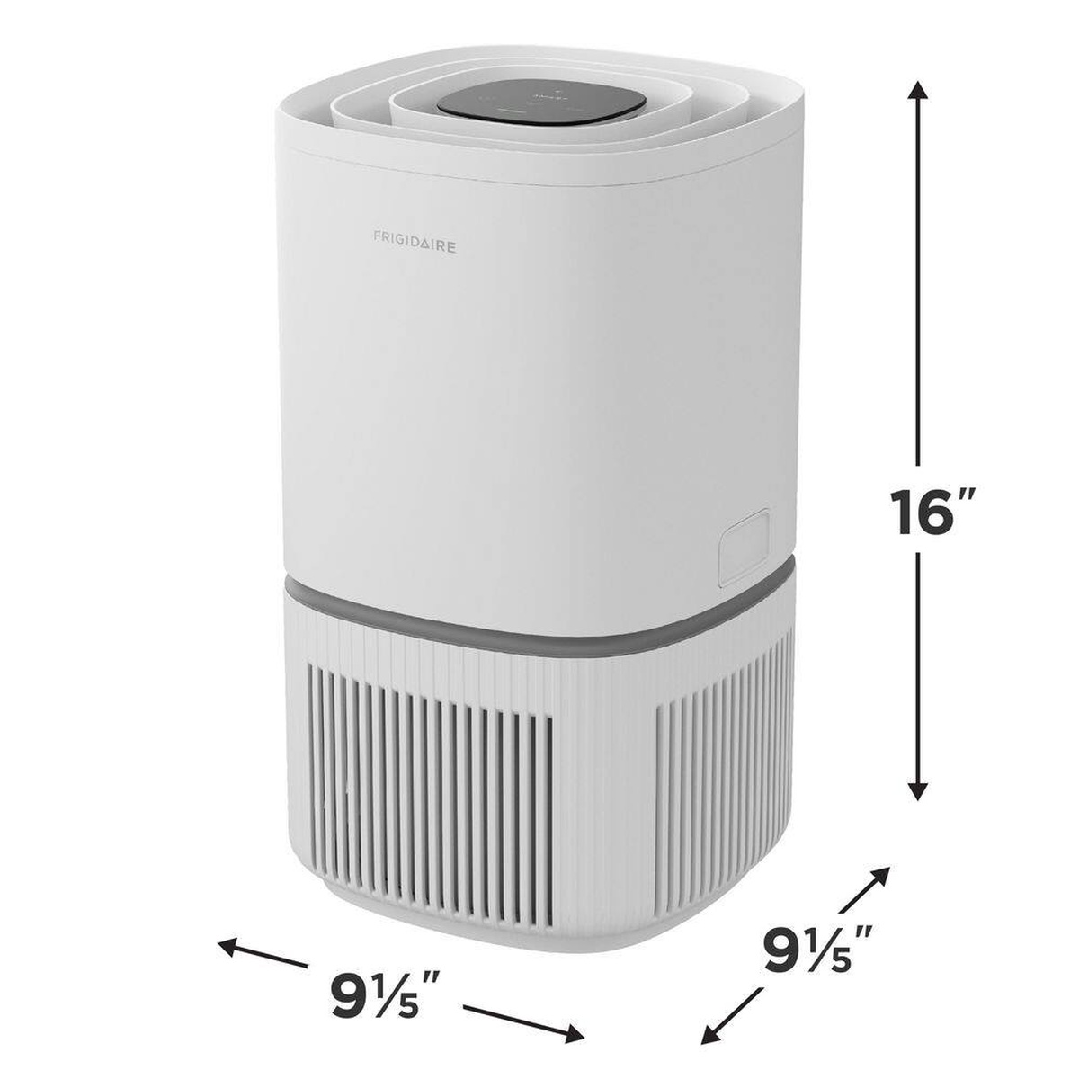 Frigidaire PureA300 air purifier shown with labeled dimensions: 16 inch height and 9 1/5 inch by 9 1/5 inch footprint