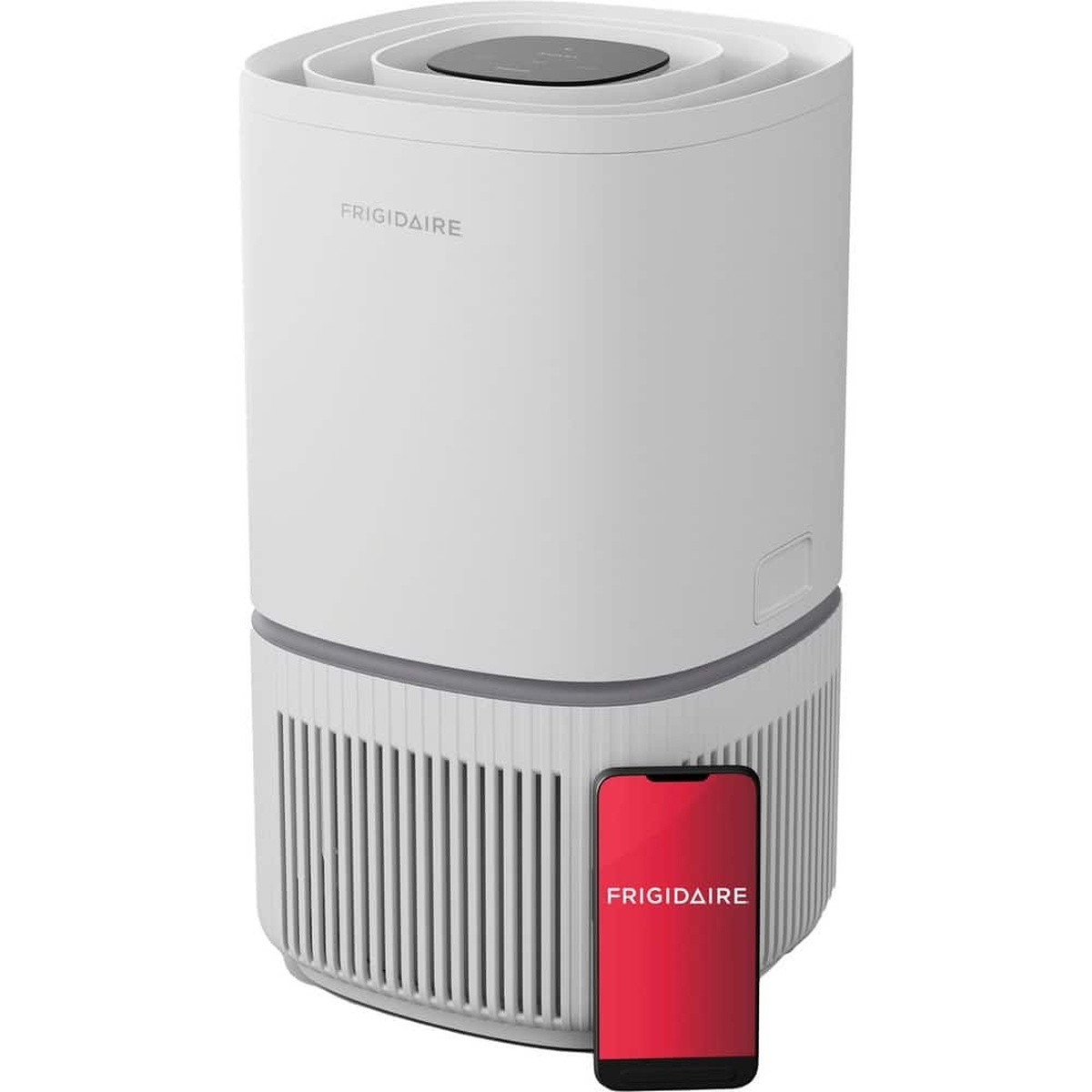 Frigidaire air purifier pictured with a smartphone showing the Frigidaire app