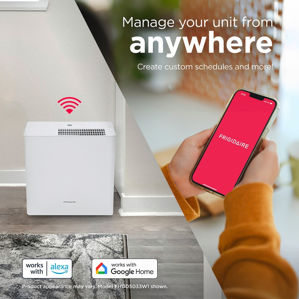 Dehumidifier shown in a home setting beside a smartphone running the Frigidaire app, with works with Alexa and works with Google Home logos.