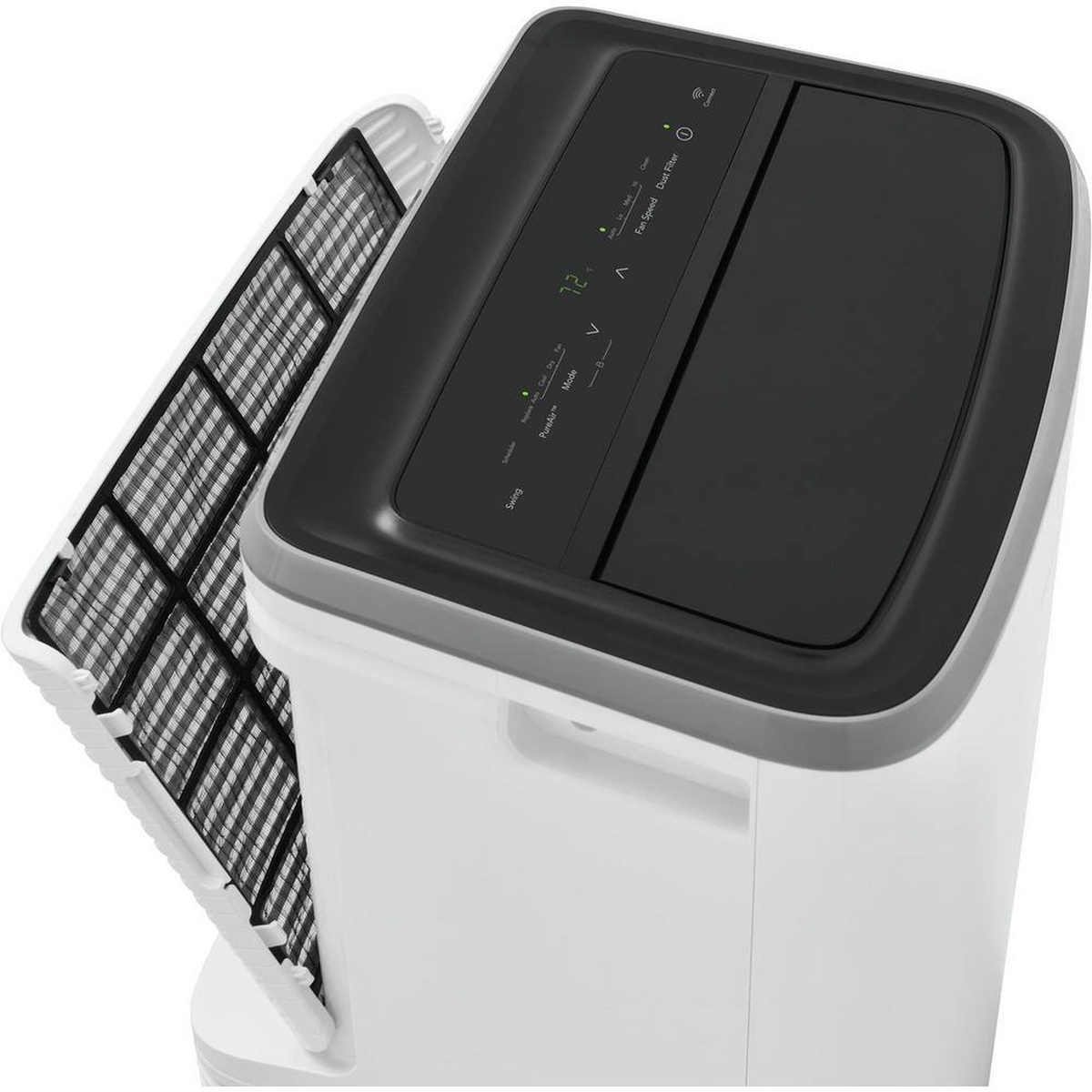 Top view of the Frigidaire portable air conditioner showing the digital control panel and the removable mesh air filter