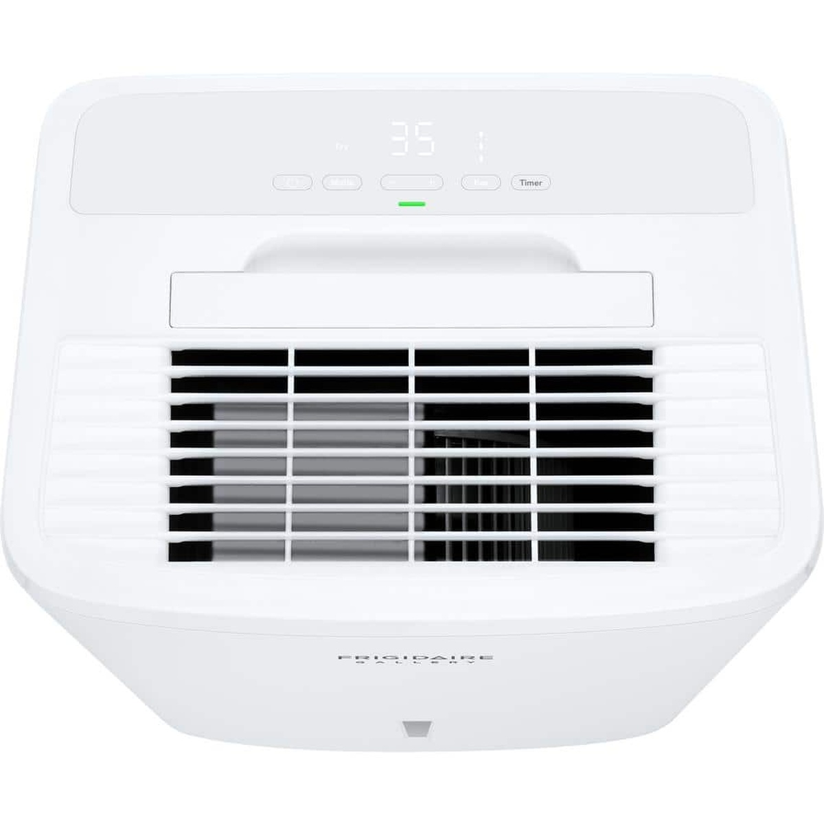 Top view of a white Frigidaire Gallery dehumidifier showing the air outlet grille and electronic control panel with digital display and timer button.