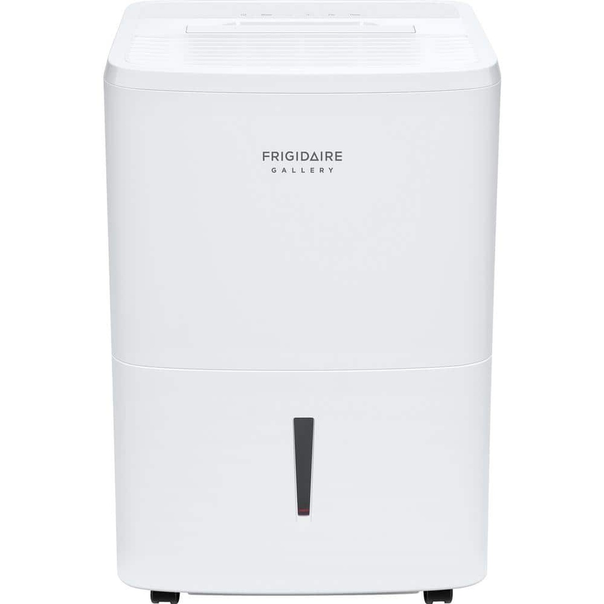 Front view of a white Frigidaire Gallery portable dehumidifier with a centered logo and a front water level window near the base.