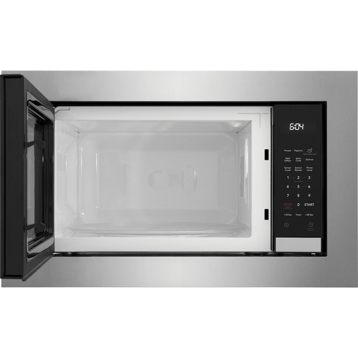 Frigidaire Gallery built-in microwave with the door open, showing the large interior cavity and turntable.