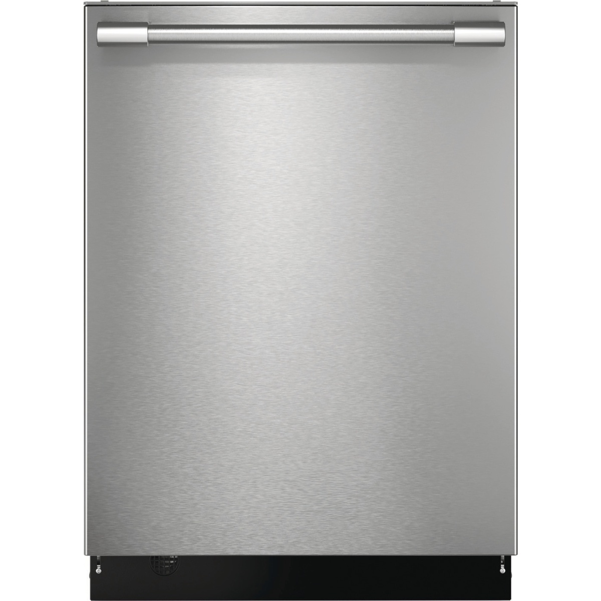 Front view of a stainless steel Frigidaire Professional built-in dishwasher with a tubular handle