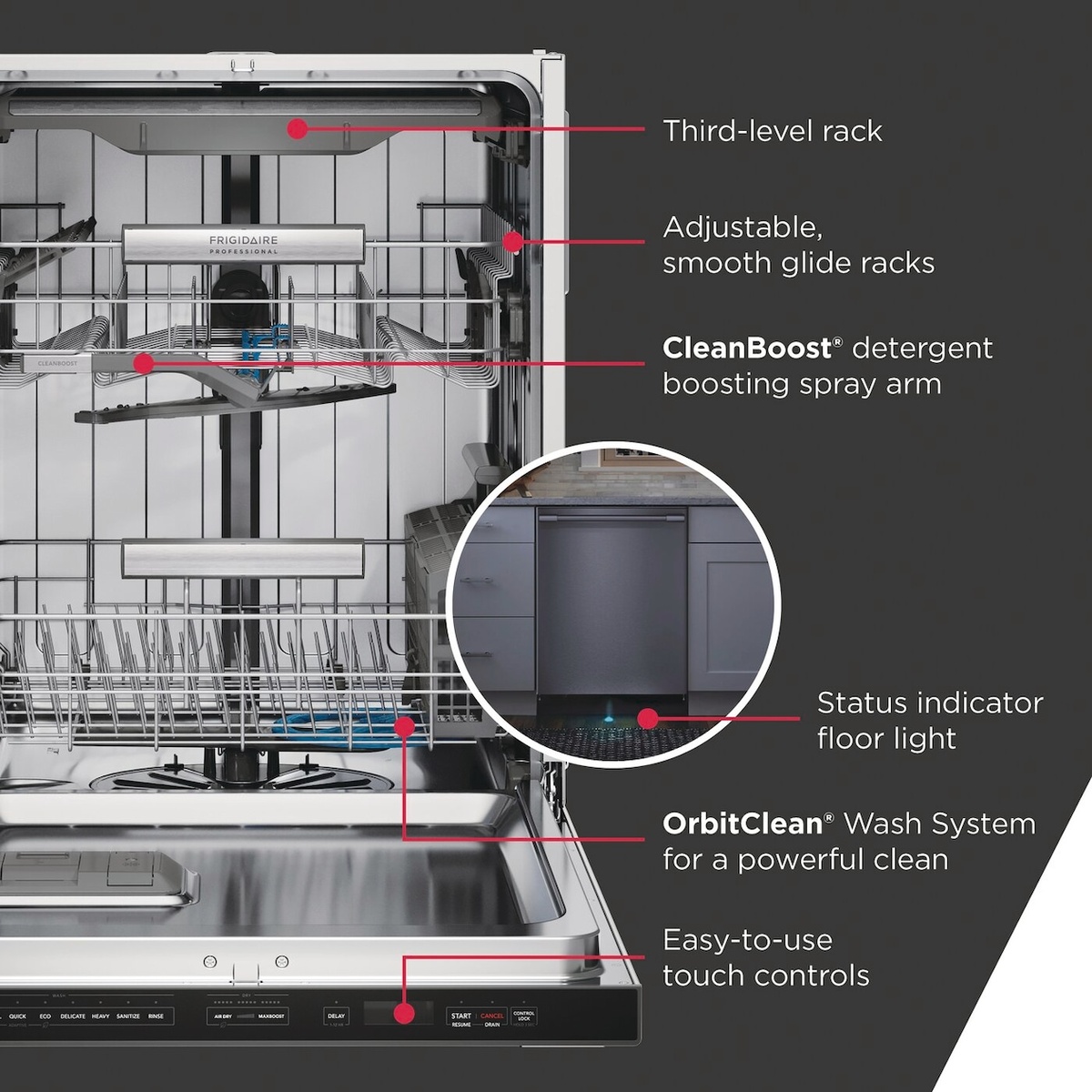 Open Frigidaire Professional dishwasher interior with labeled third-level rack, adjustable smooth-glide racks, CleanBoost spray arm, OrbitClean wash system, touch controls, and floor light status indicator
