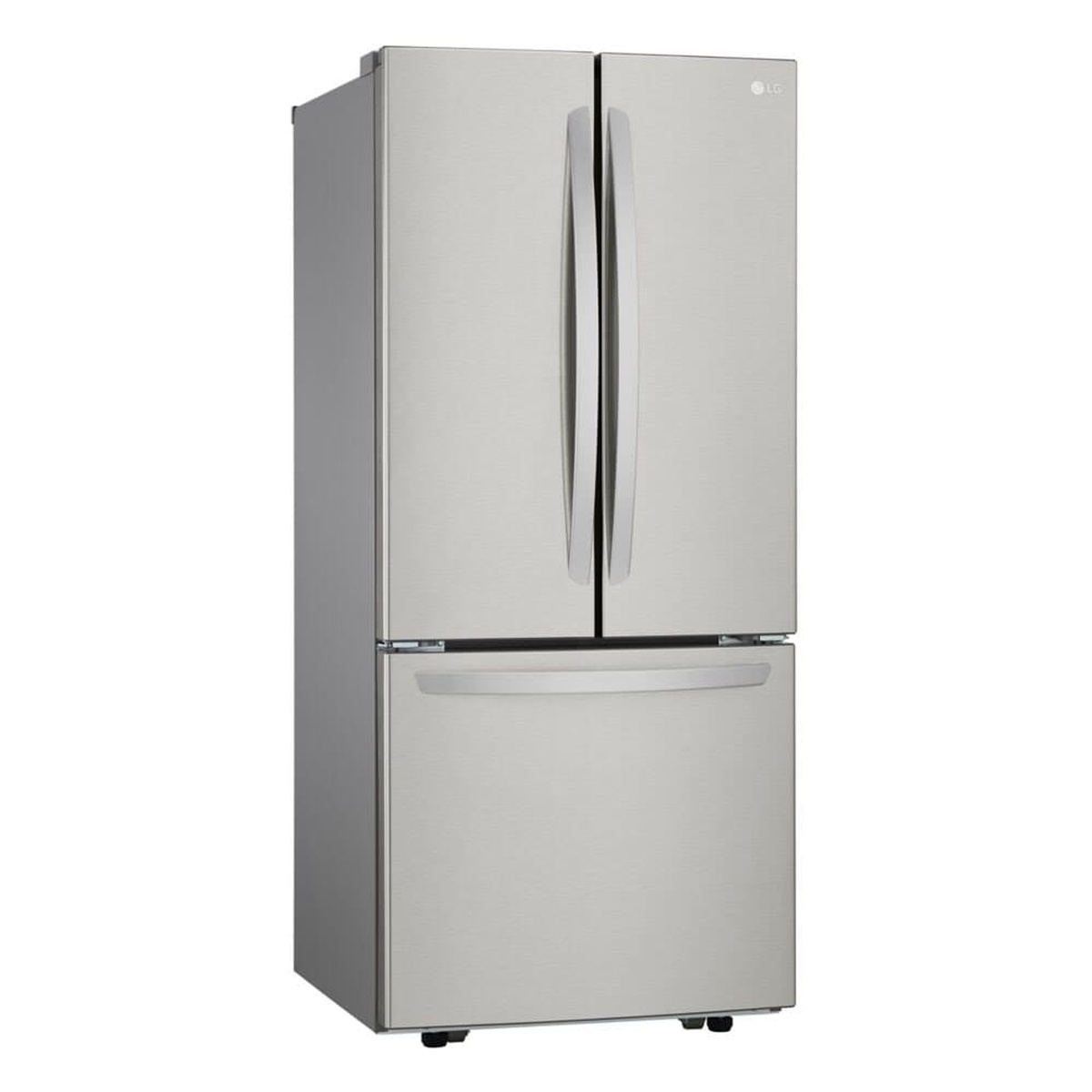 Angled view of LG French door refrigerator with bottom freezer drawer in stainless finish