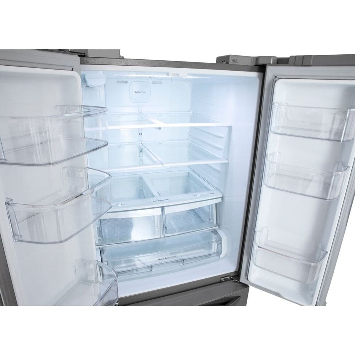 Open LG French door refrigerator showing interior LED lighting, glass shelves, door bins, and crispers