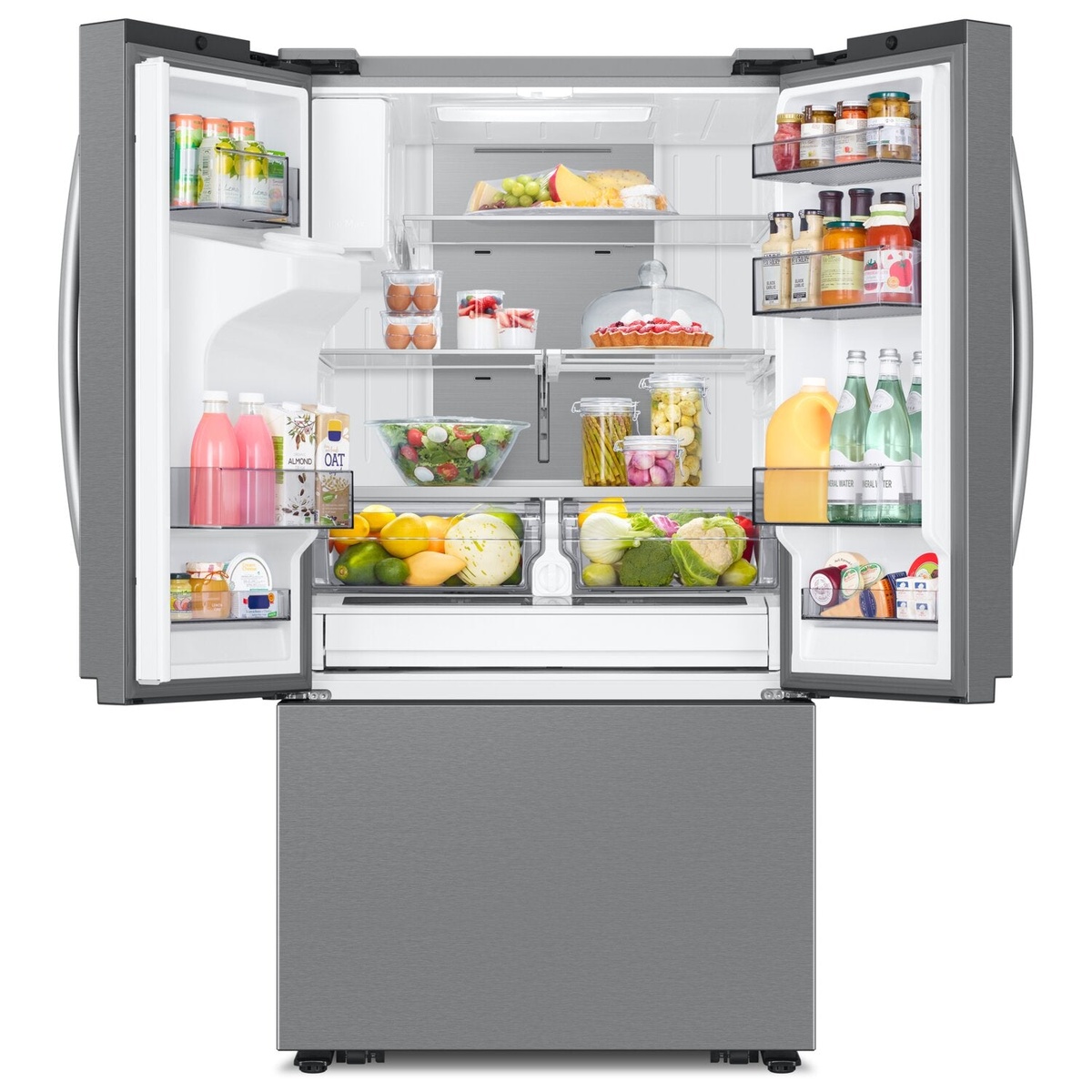 Open French-door refrigerator interior stocked with food, showing glass shelves, door bins, dual crispers, and a full-width drawer