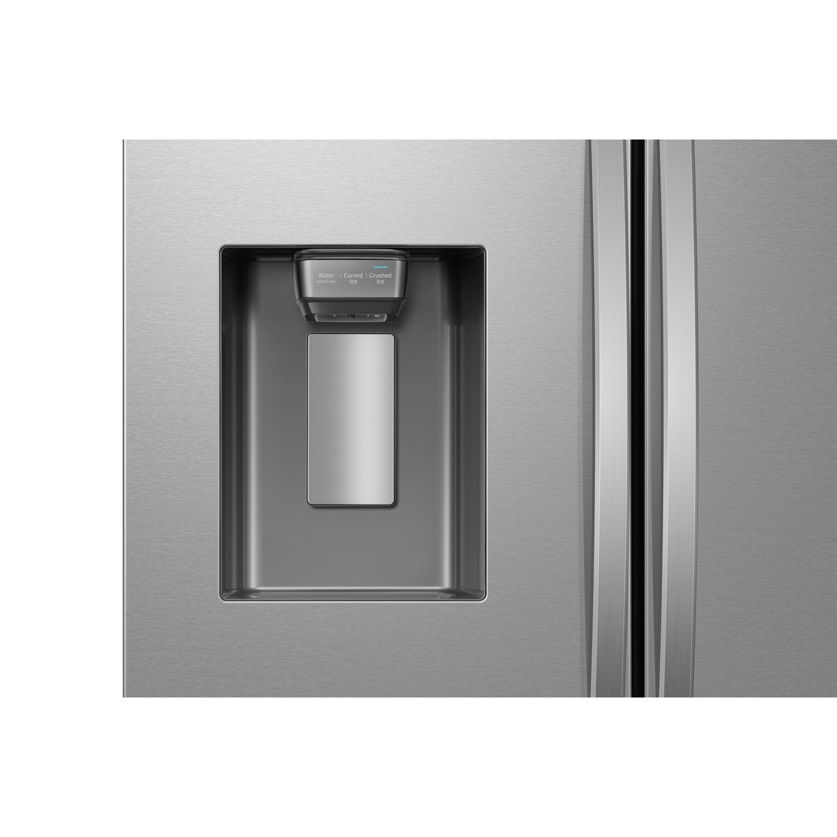 Close-up of the in-door water and ice dispenser on a stainless French-door refrigerator
