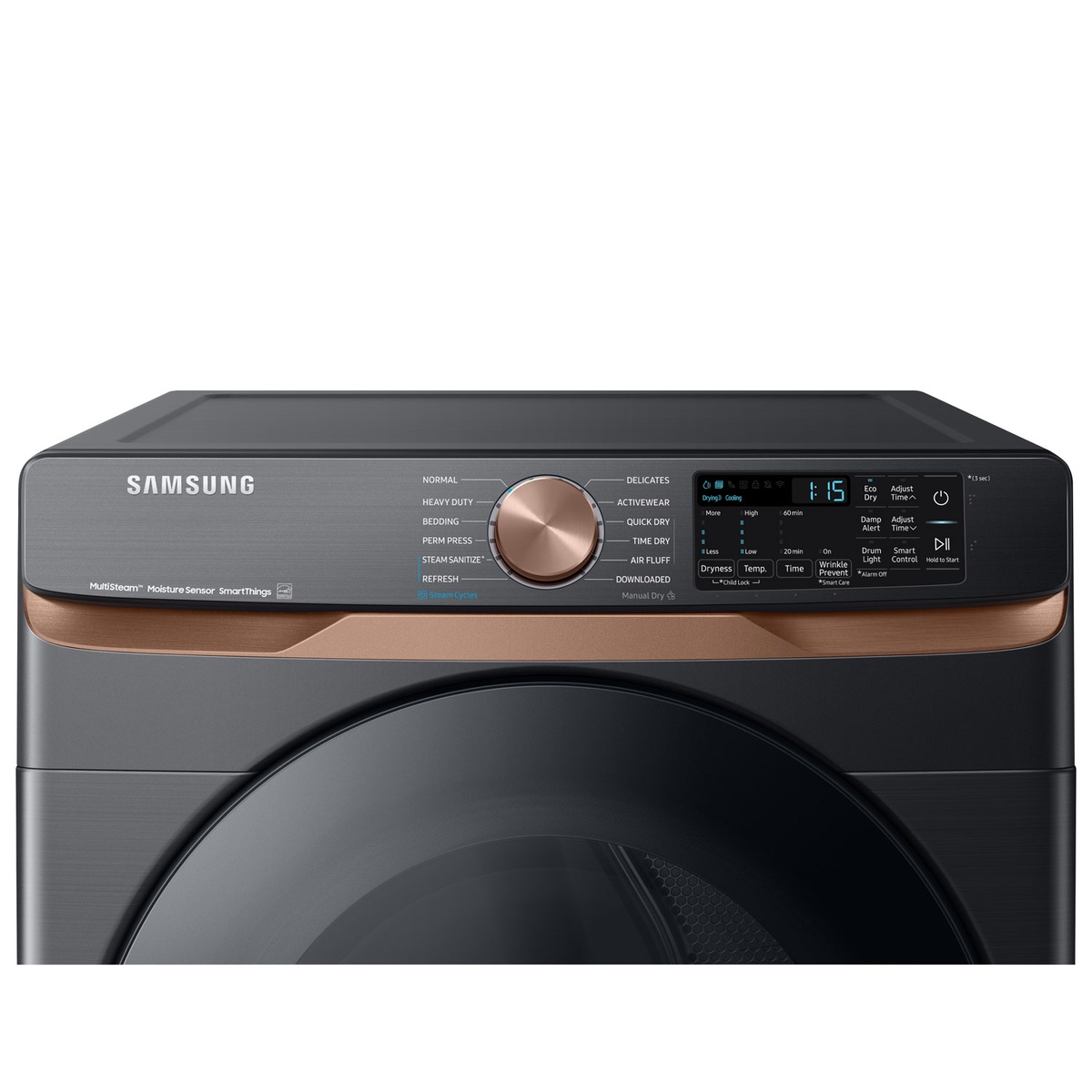 Close-up of the Samsung dryer control panel with cycle dial, steam cycle labels, and digital display