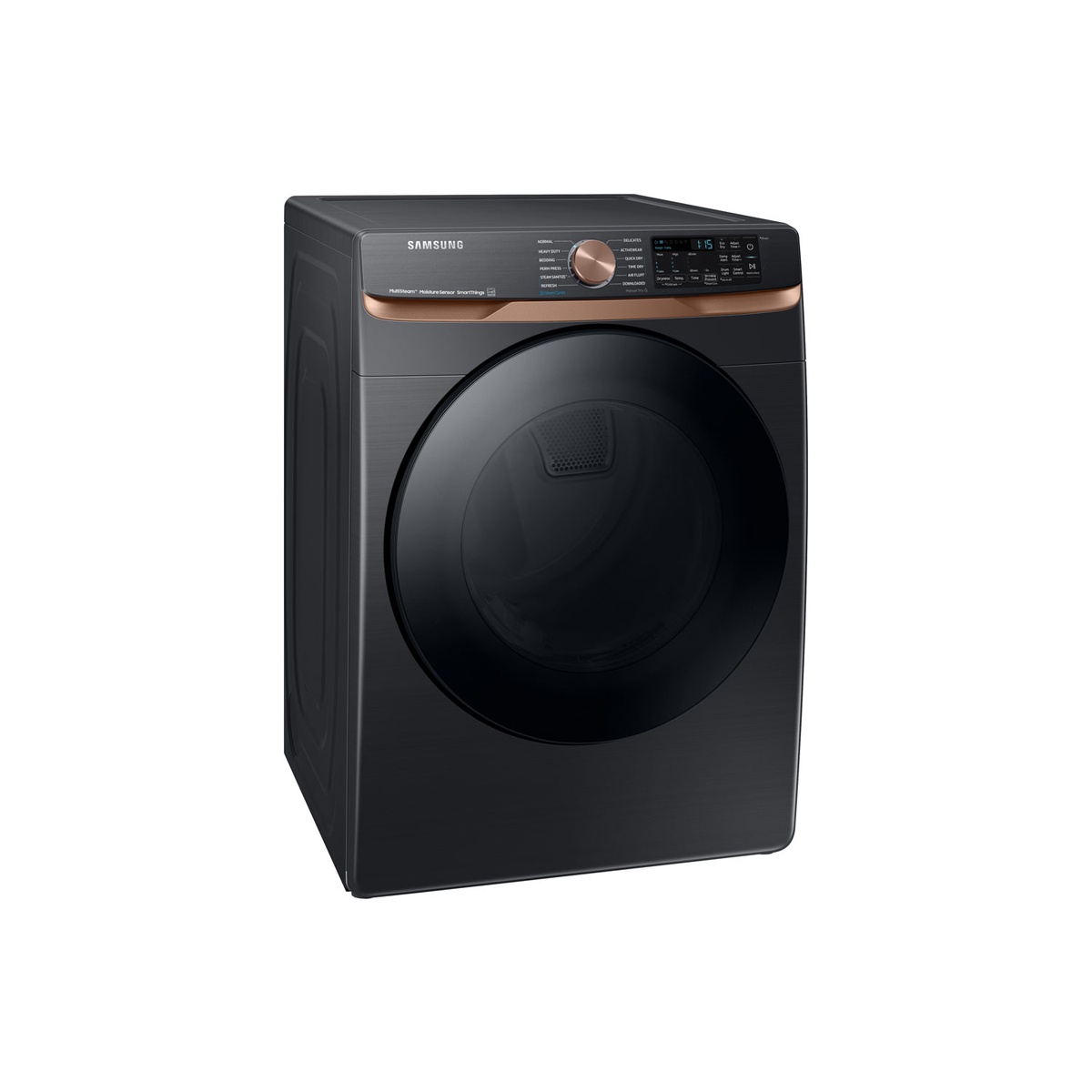 Angled front view of the Samsung black stainless steel dryer showing the large round door and top control panel