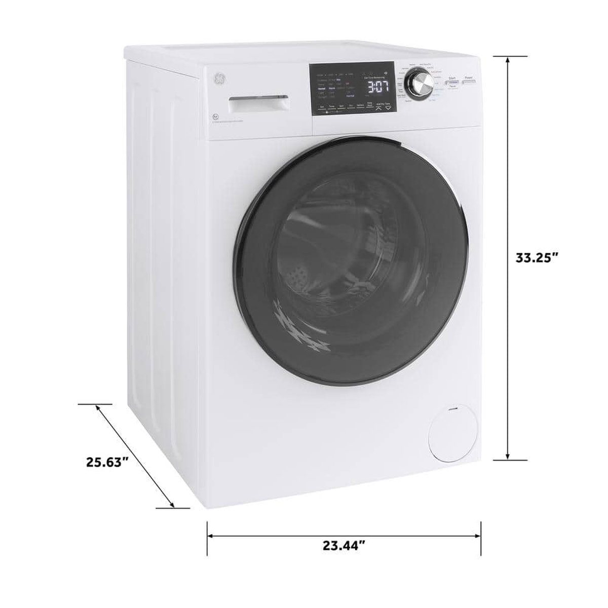 Angled view of the white GE all in one washer dryer combo with the dimensions labeled 33.25 inch height, 23.44 inch width, and 25.63 inch depth