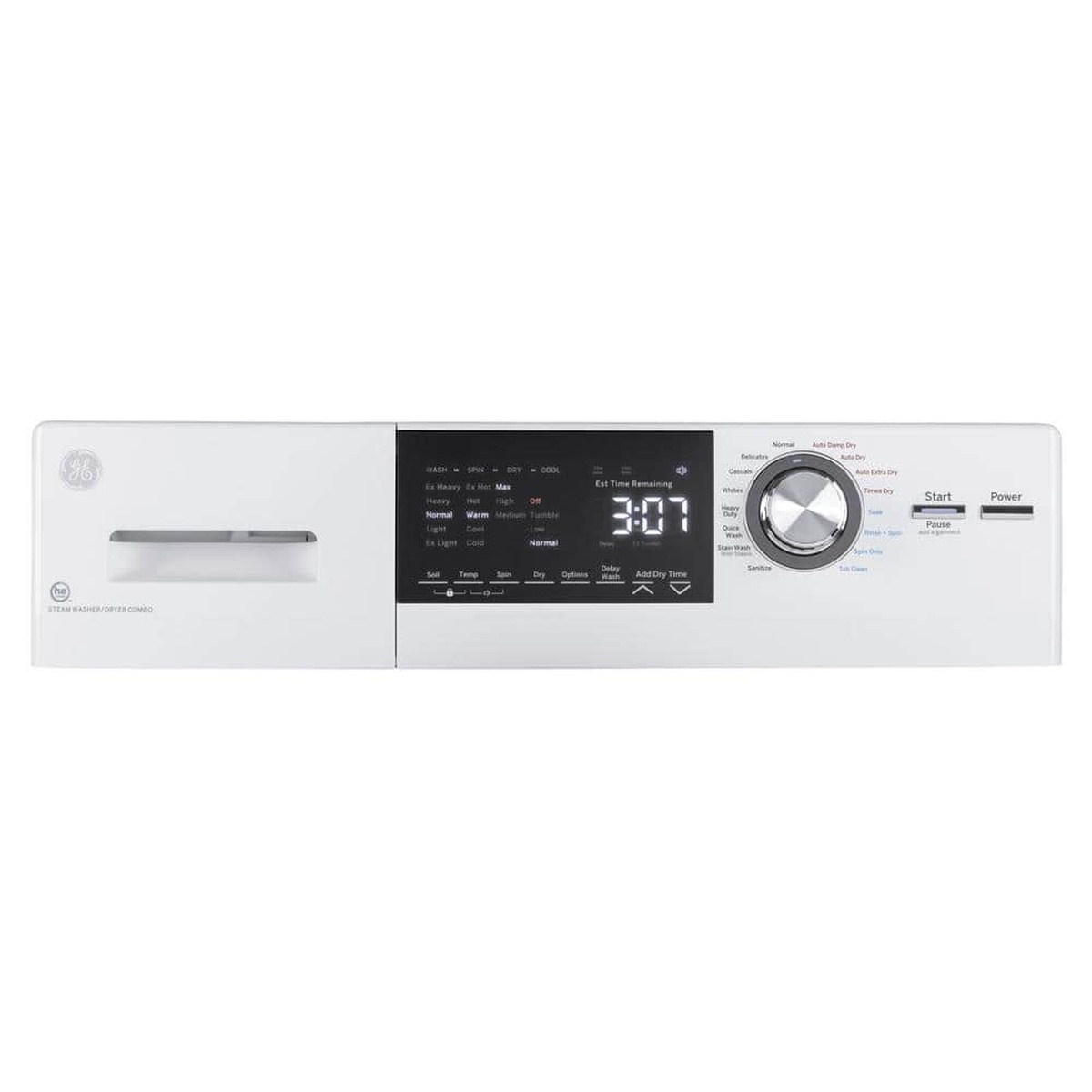 Close up of the GE washer dryer combo control panel with a digital time display and a rotary cycle knob