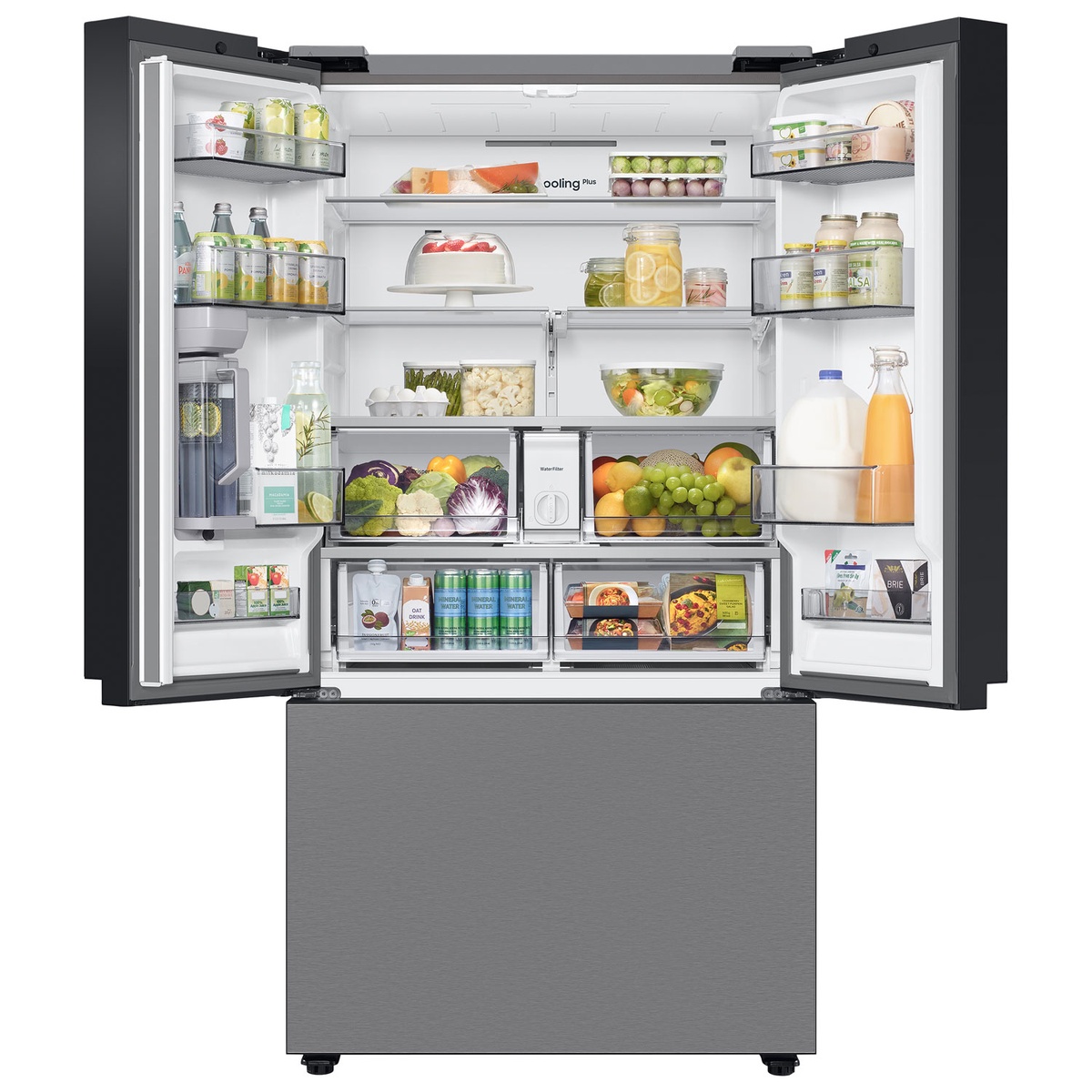 Open Samsung BESPOKE French door refrigerator showing glass shelves, door bins, crispers, and in-door water pitcher area