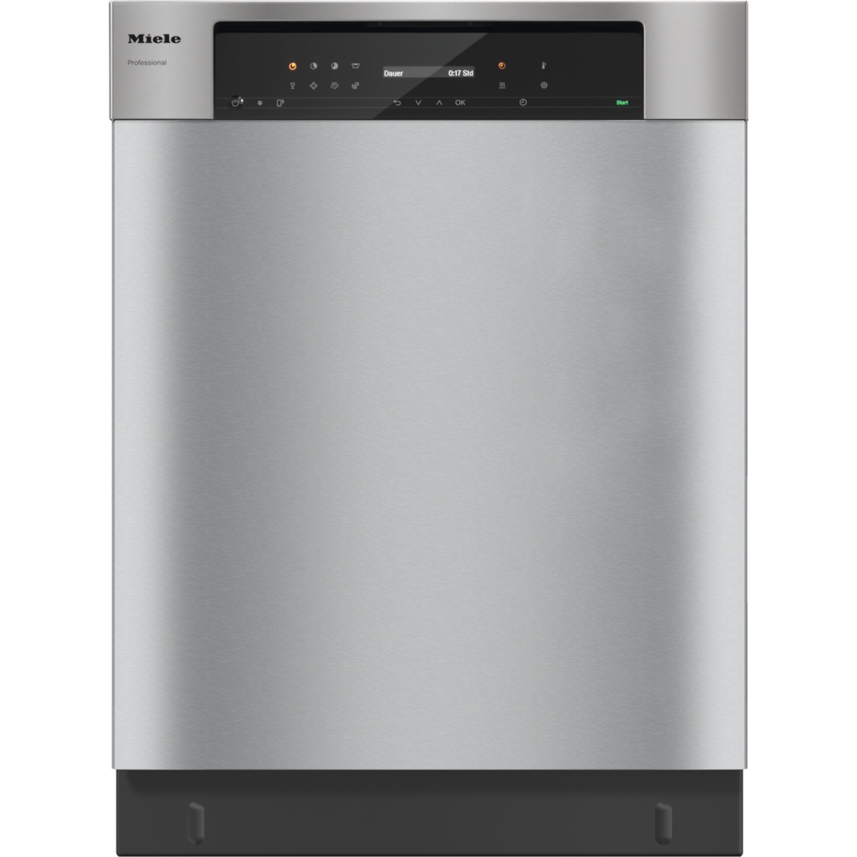 Front view of a stainless steel built-under dishwasher with a top control panel