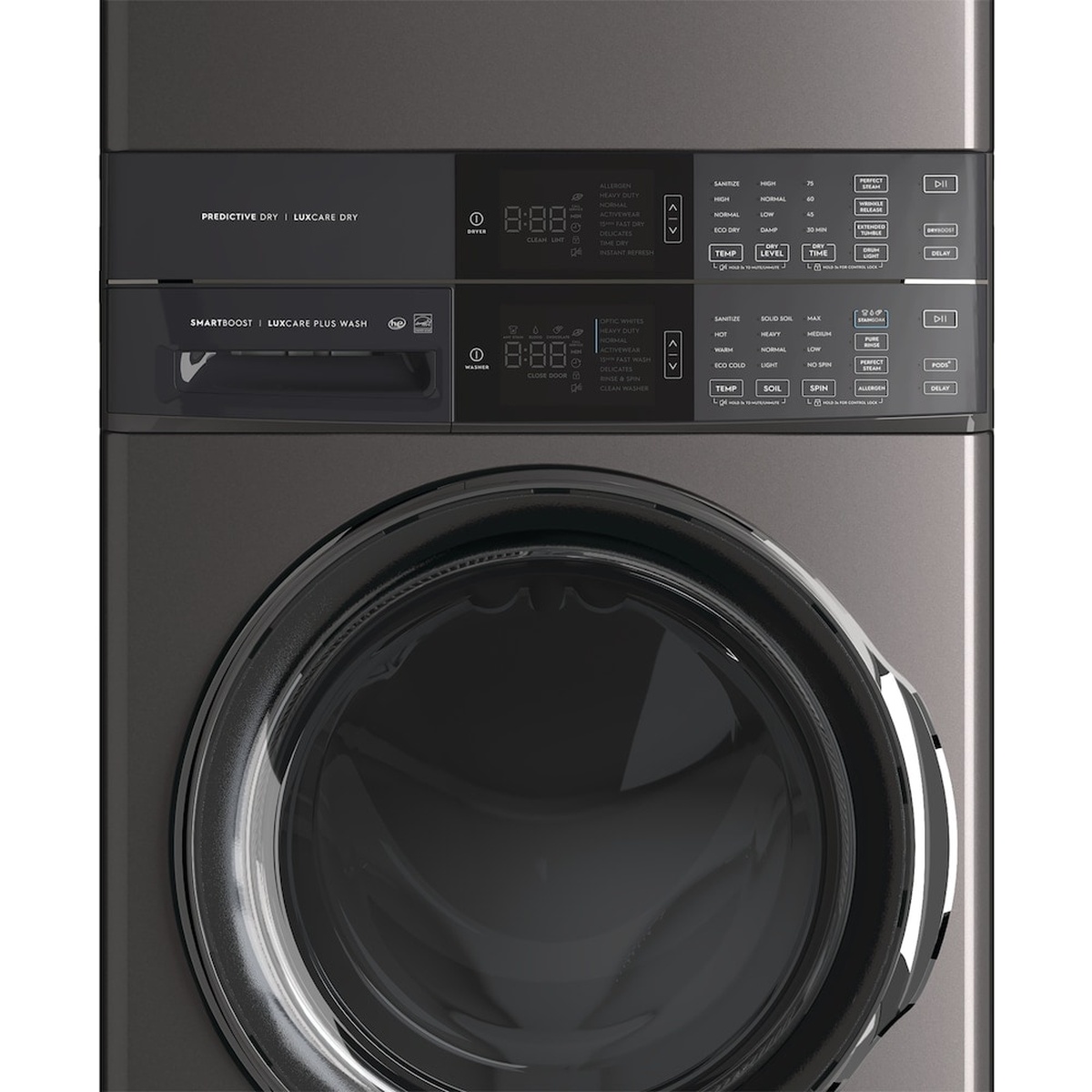 Close-up of the Electrolux laundry tower center control panel above the washer door