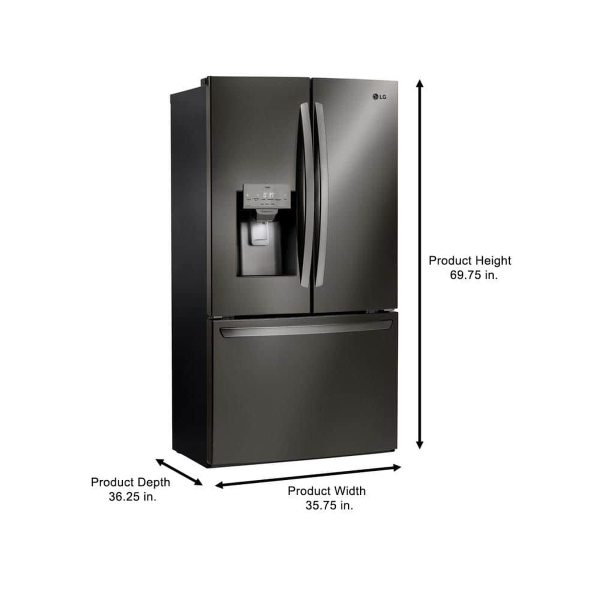 Angled view of the LG French door refrigerator with arrows showing product width, depth, and height measurements