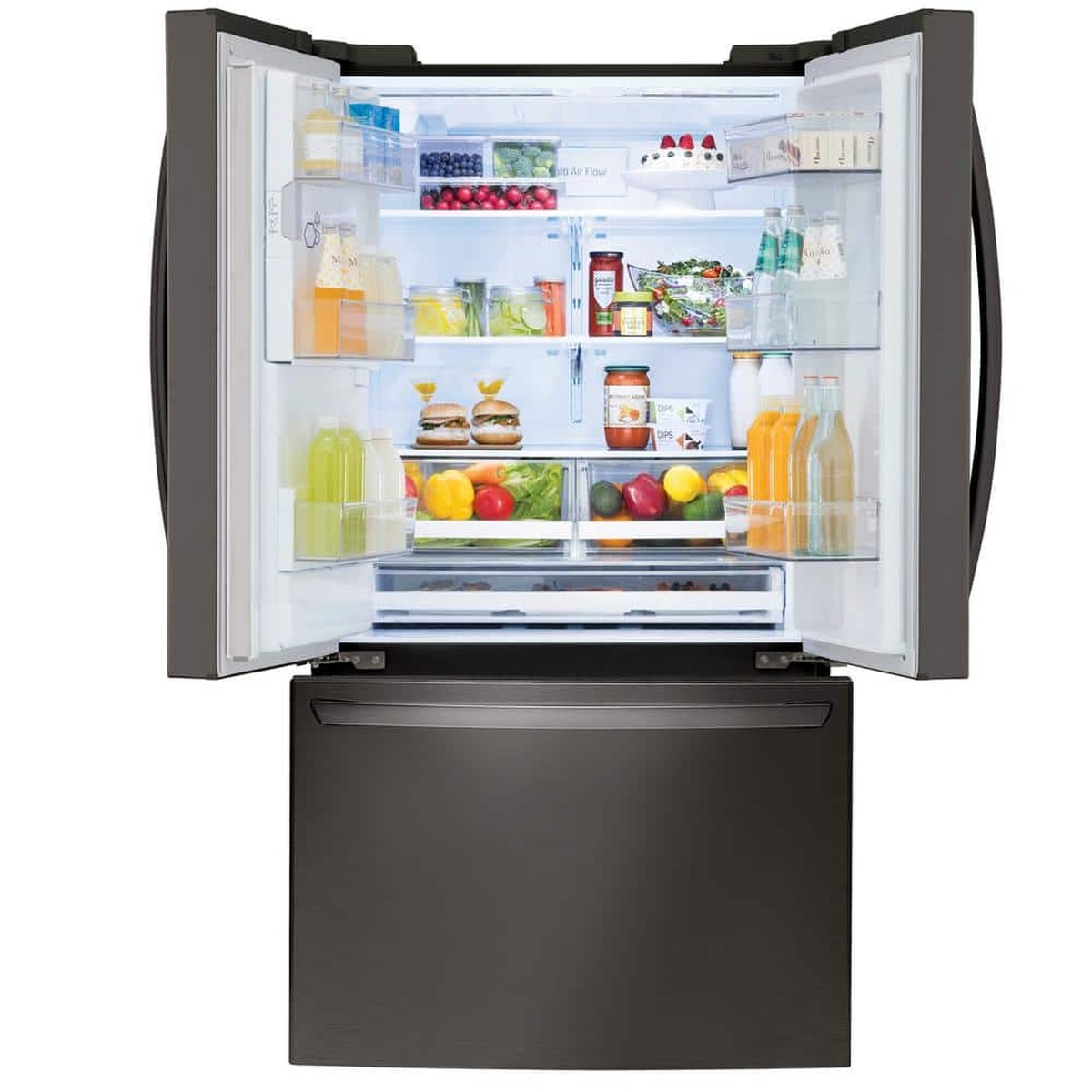 Open LG French door refrigerator showing stocked shelves, clear door bins, produce drawers, and a bottom freezer drawer