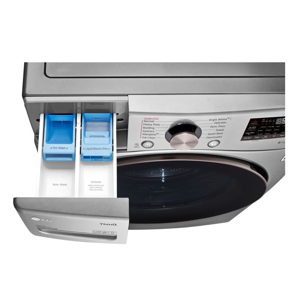 LG front load washer with the detergent drawer pulled open, showing multiple dispenser compartments