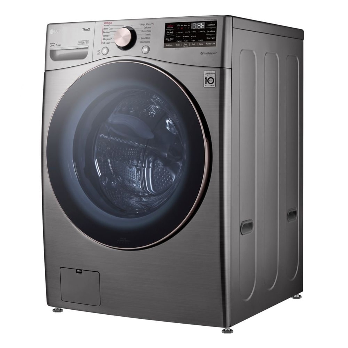 Angled view of an LG graphite steel front load washer showing the large tinted glass door and control panel