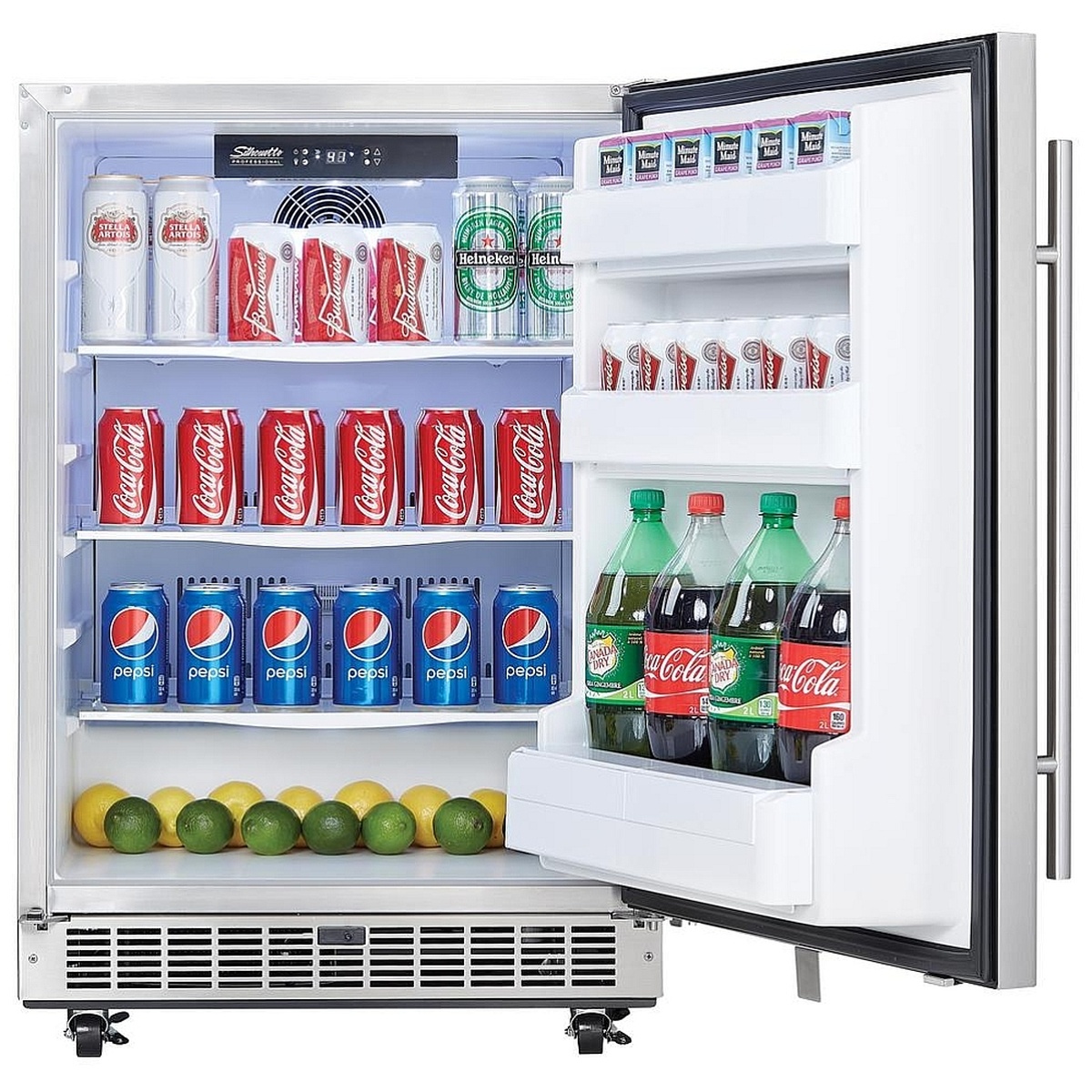 Open Silhouette undercounter refrigerator stocked with drinks, showing interior digital control panel, fan, glass shelves, and door bins