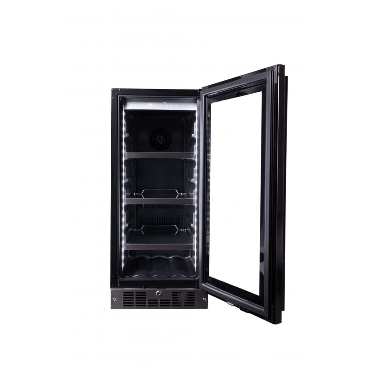 Open-door view of the Silhouette beverage center showing interior LED light strips, shelves, and bottle cradle