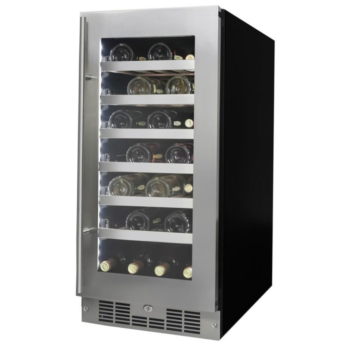 Angled view of a stainless steel under-counter wine cooler with a glass door and long vertical handle