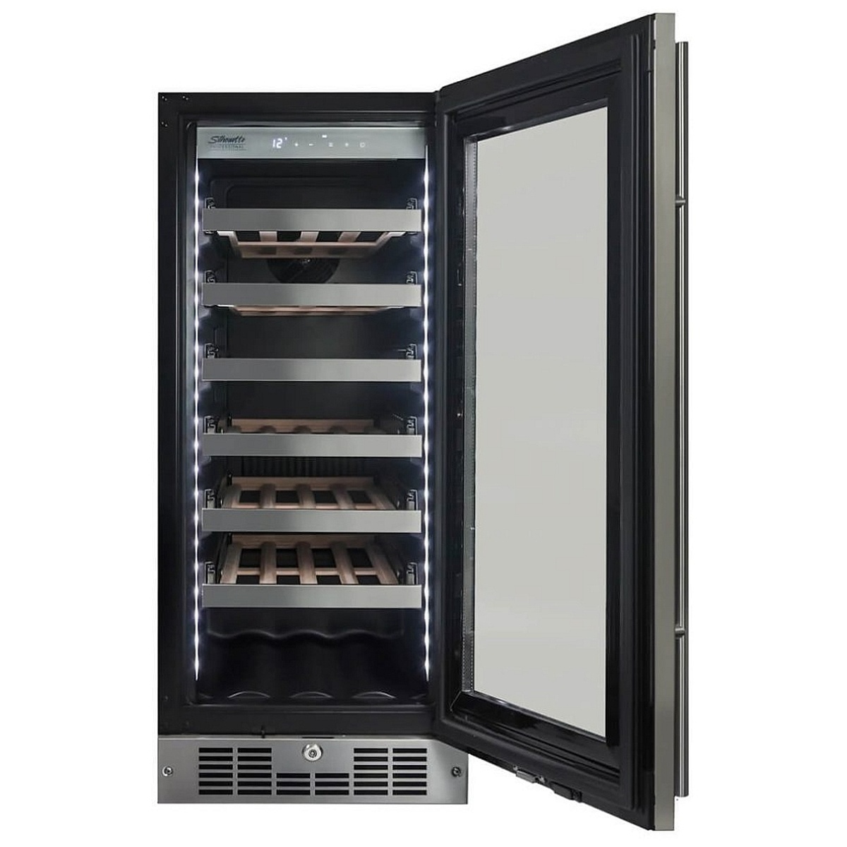Open Silhouette wine cooler showing the top digital touch control panel, vertical LED interior lighting, and full-extension wood shelves