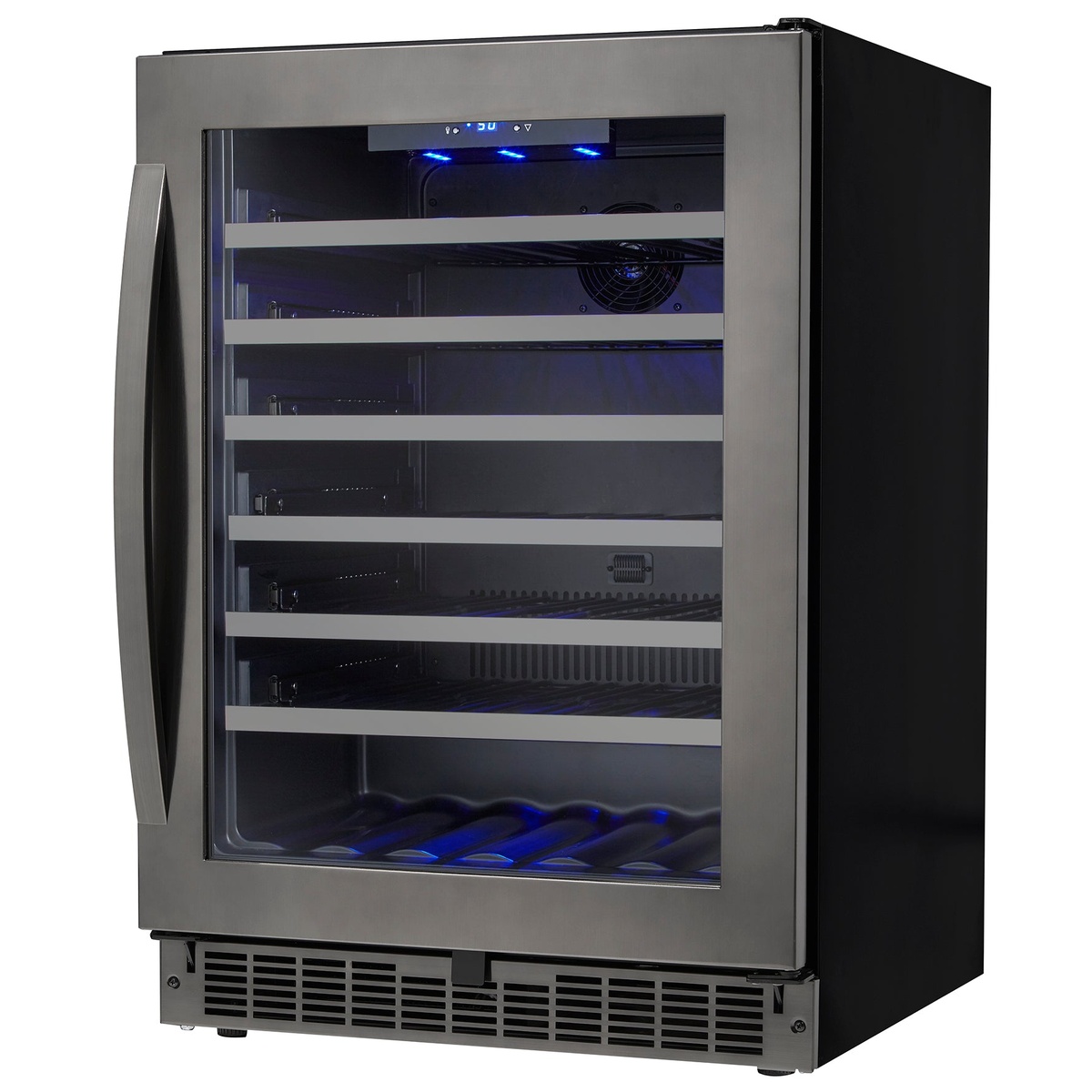 Angled view of a black stainless single-door wine cooler with a glass front, curved handle, and front vent grille
