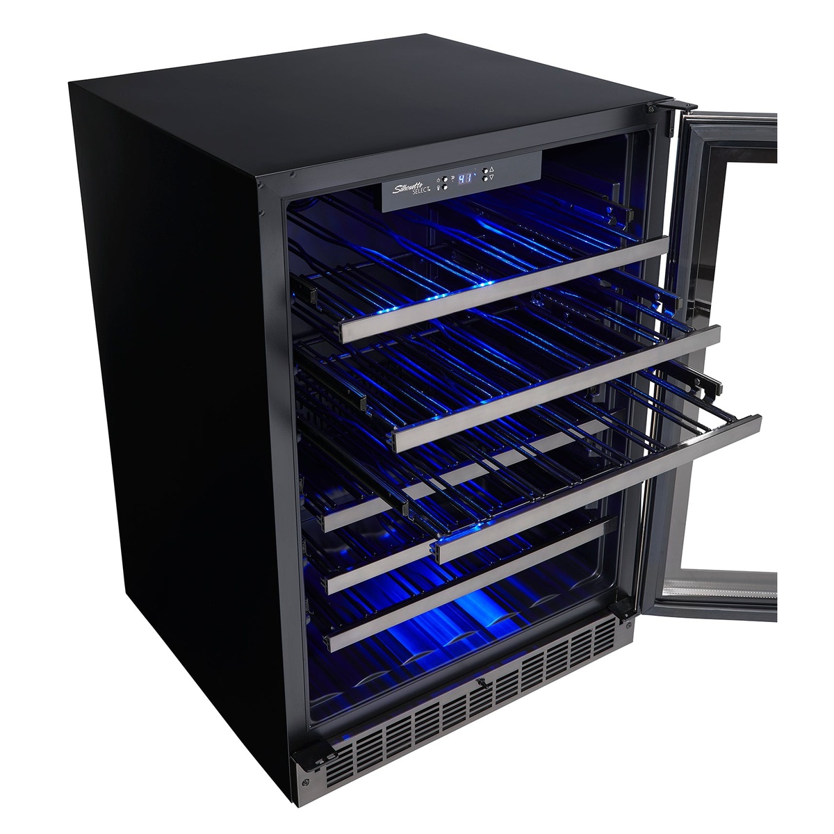 Wine cooler with the door open showing multiple pull-out wire racks, blue interior lighting, and a top digital control panel