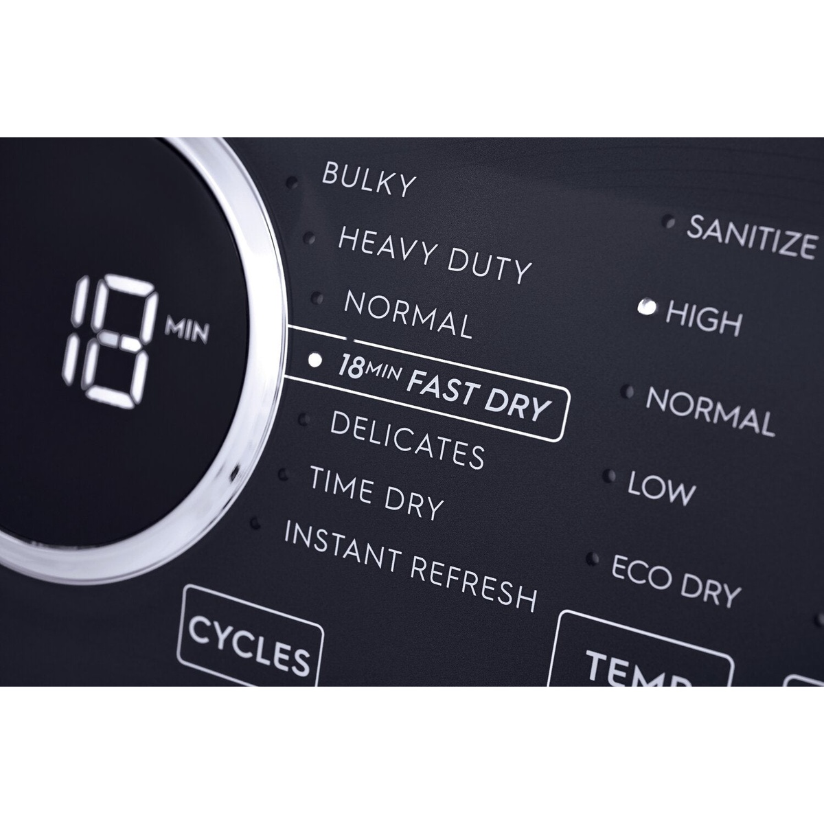 Close-up of the Electrolux dryer control panel highlighting the 18 min fast dry cycle and other labeled cycles