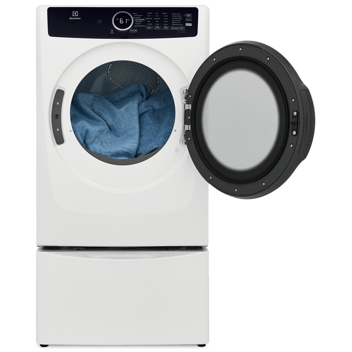 Electrolux white front-load dryer shown installed on a pedestal with the door open