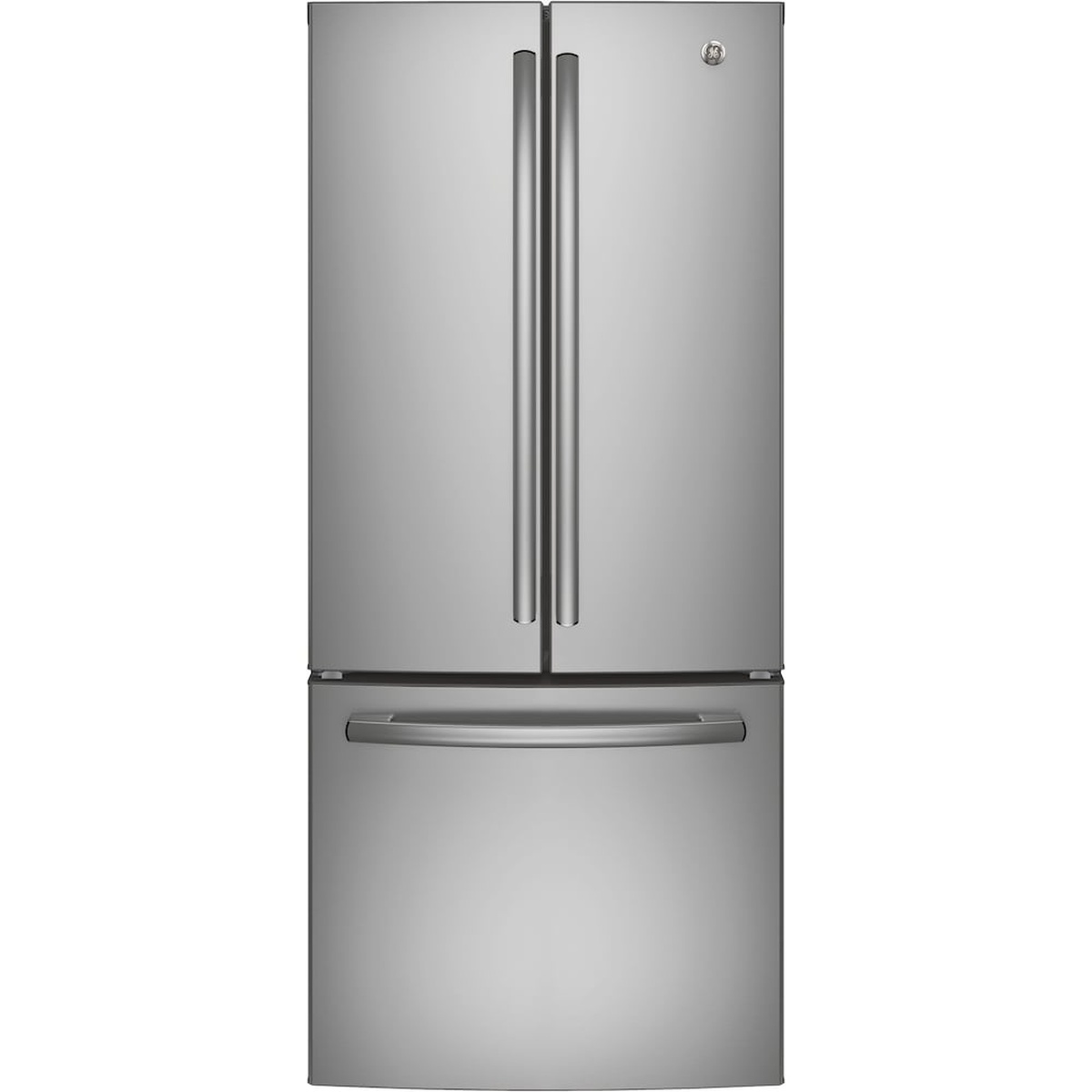 Front view of a GE stainless steel French door refrigerator with a bottom freezer drawer
