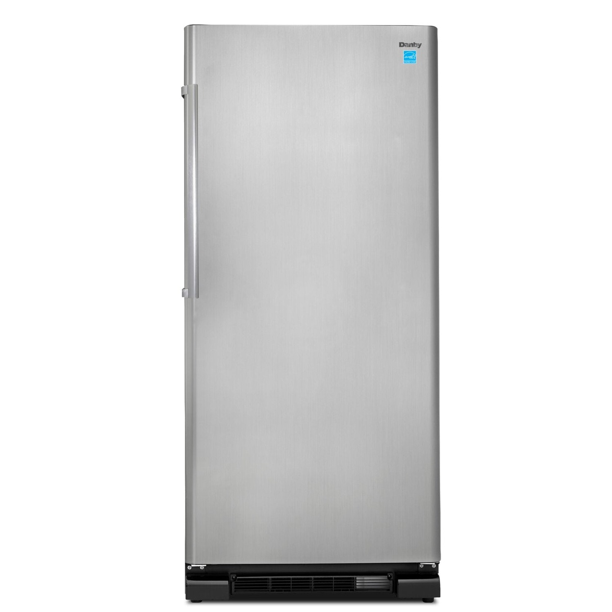 Front view of a Danby stainless steel single-door refrigerator with a vertical handle