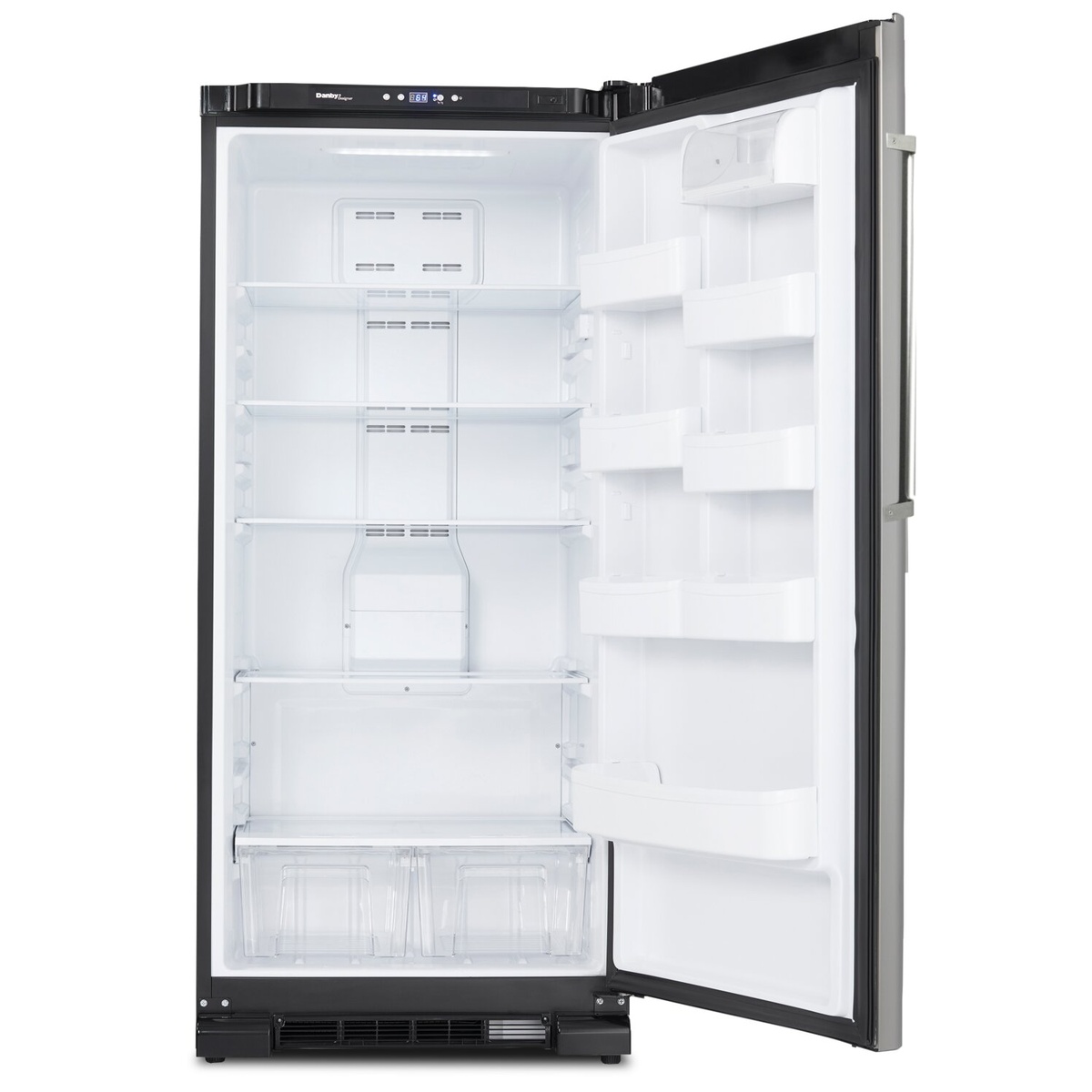 Open Danby single-door refrigerator showing glass shelves, door bins, and two clear crisper drawers
