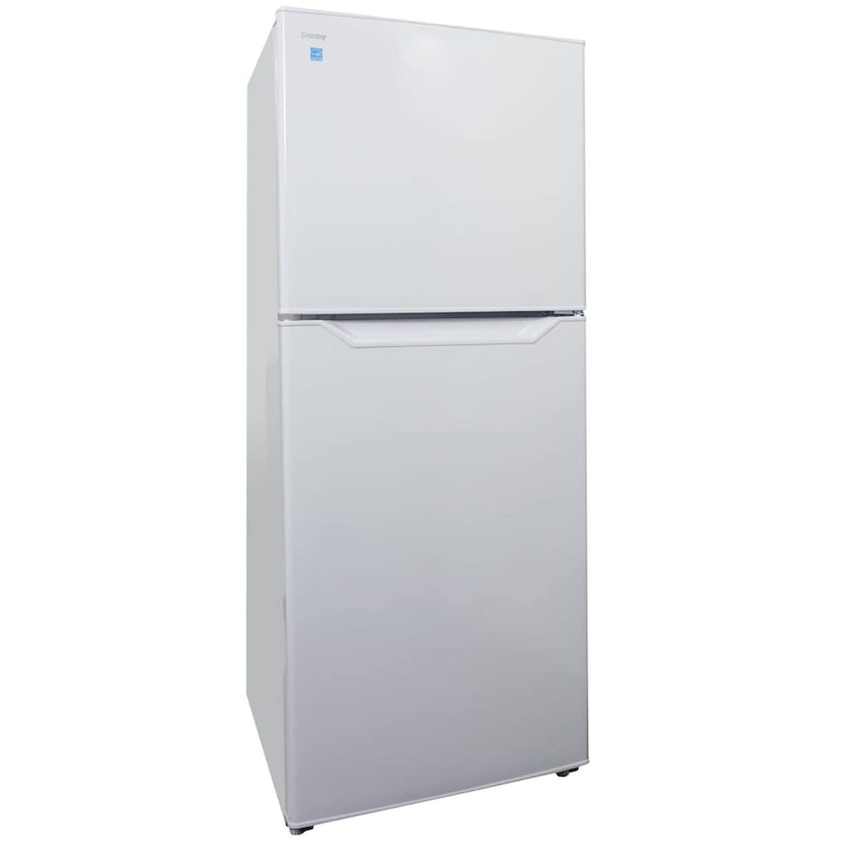 Angled front view of a white Danby top-mount freezer refrigerator with integrated door handles