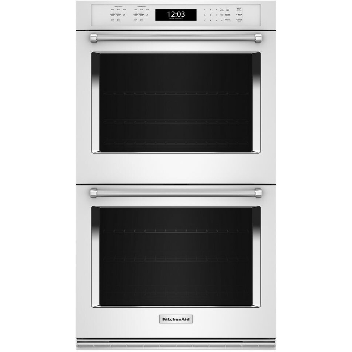 Front view of a white KitchenAid double wall oven with two glass doors, long horizontal handles, and a top digital touch control panel