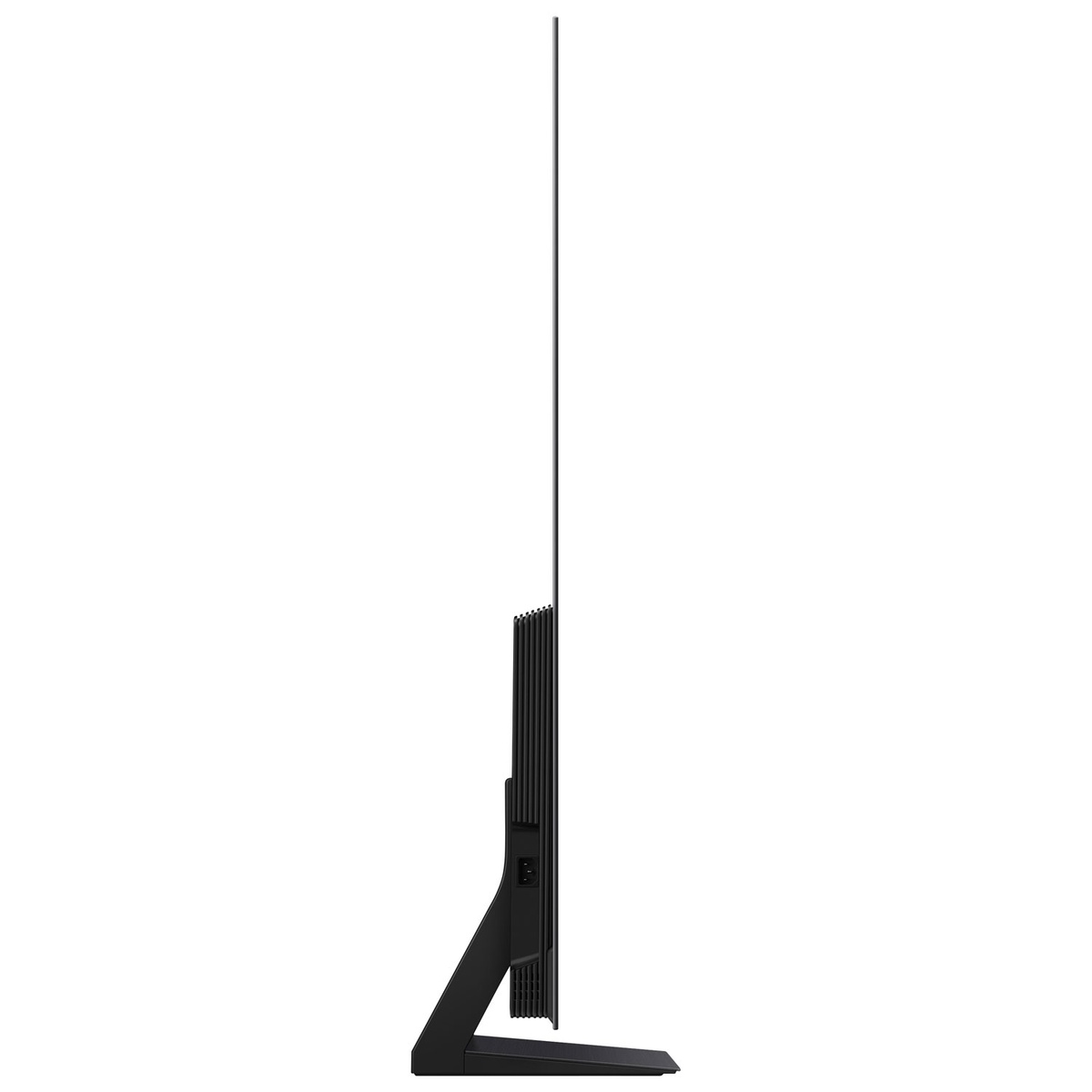 Side profile of the Samsung TV showing a slim panel and angled pedestal stand
