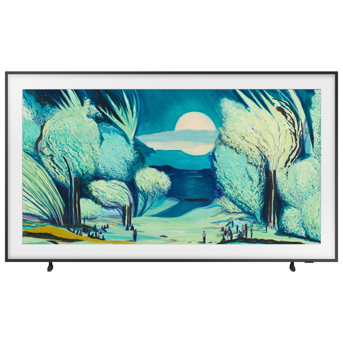 Front view of Samsung The Frame TV with a white mat-style border, thin black frame, and two feet while displaying artwork