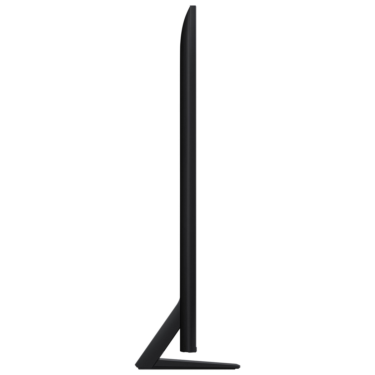 Side profile of a Samsung TV showing a thin panel and angled rear support connected to the base
