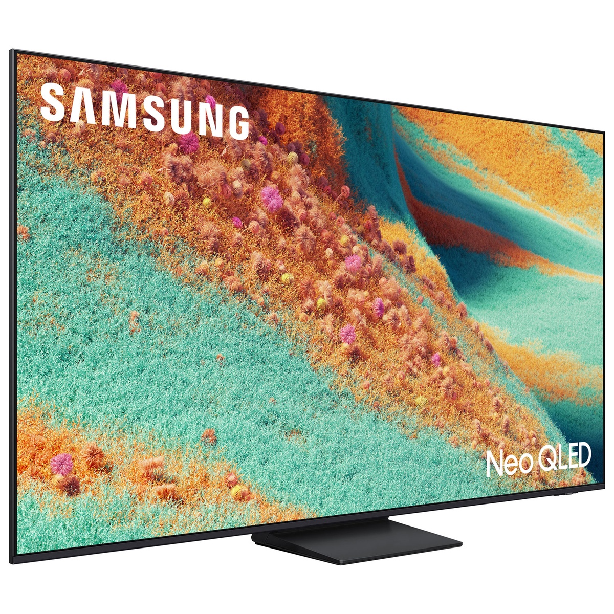Angled front view of the Samsung Neo QLED TV showing a slim bezel and a wide, centered pedestal stand