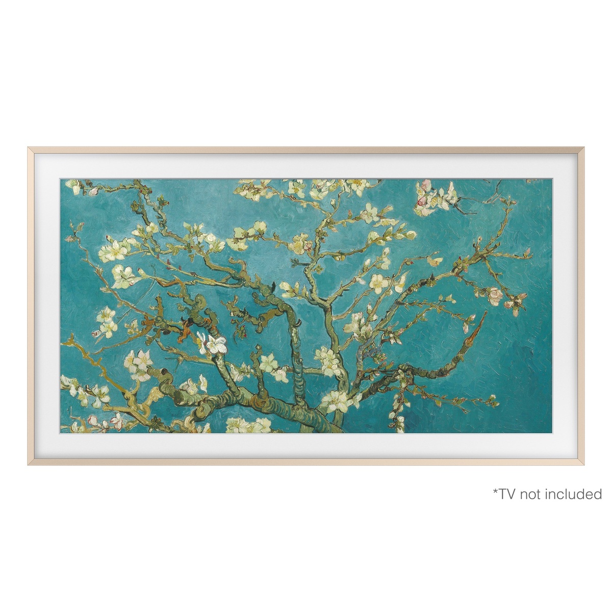 Front view of Samsung The Frame TV shown with a Sand Gold metal beveled bezel installed, with a note that TV is not included.