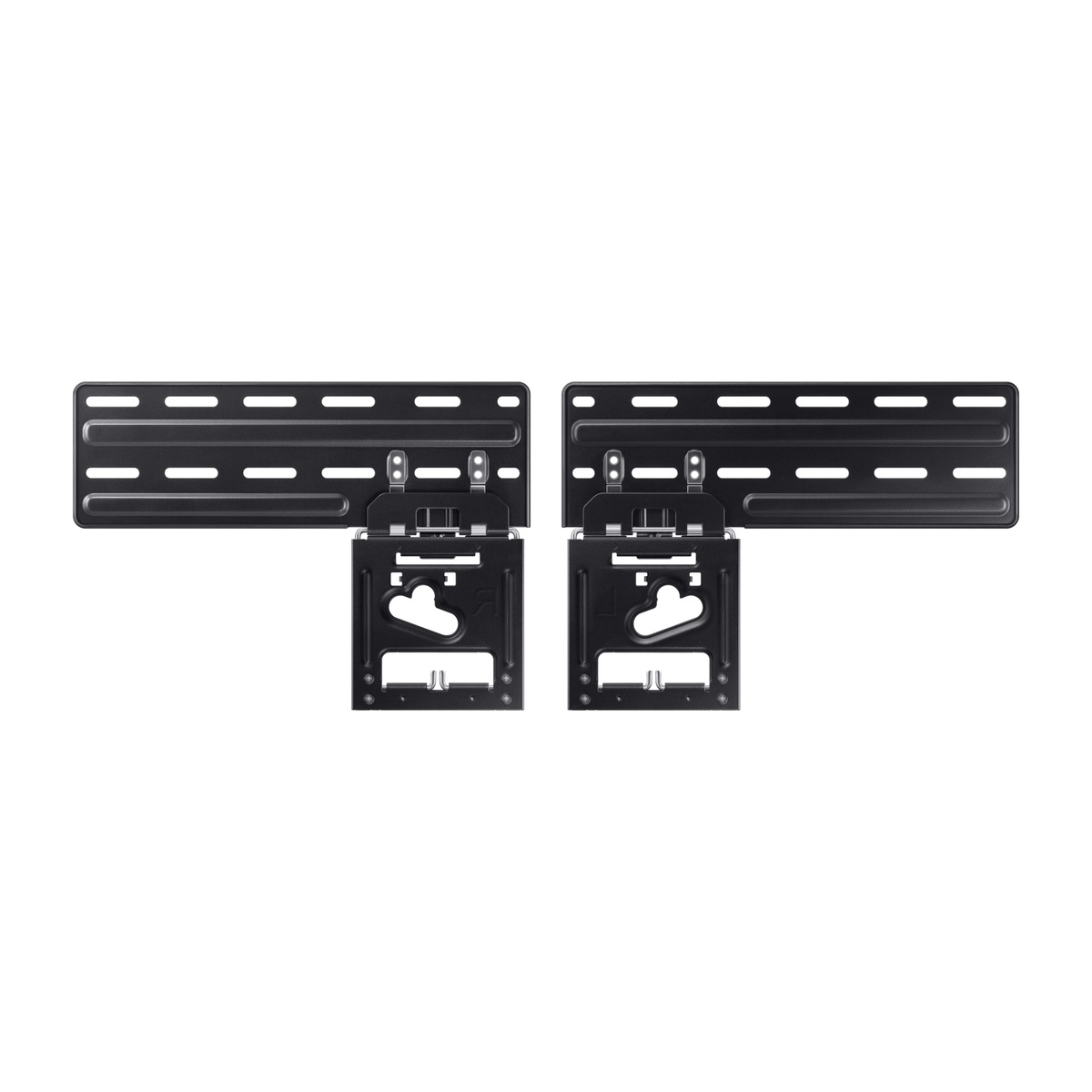 Two black wall-mount rail plates with mounting slots and bracket assemblies