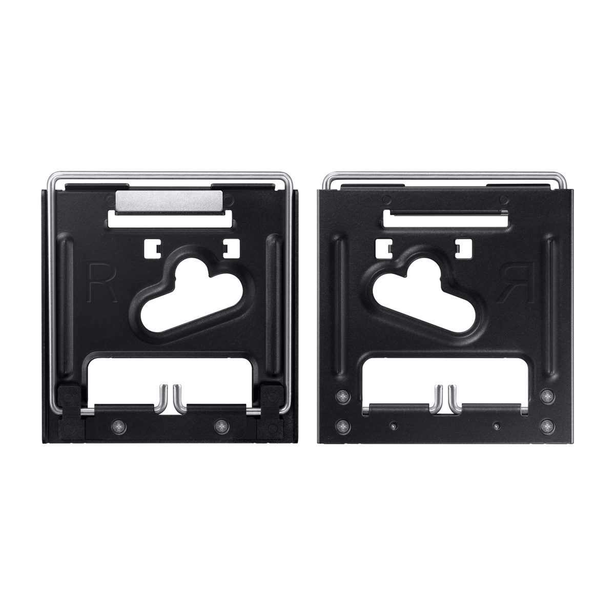 Close-up of two black mounting brackets labeled R and L with metal latch bars